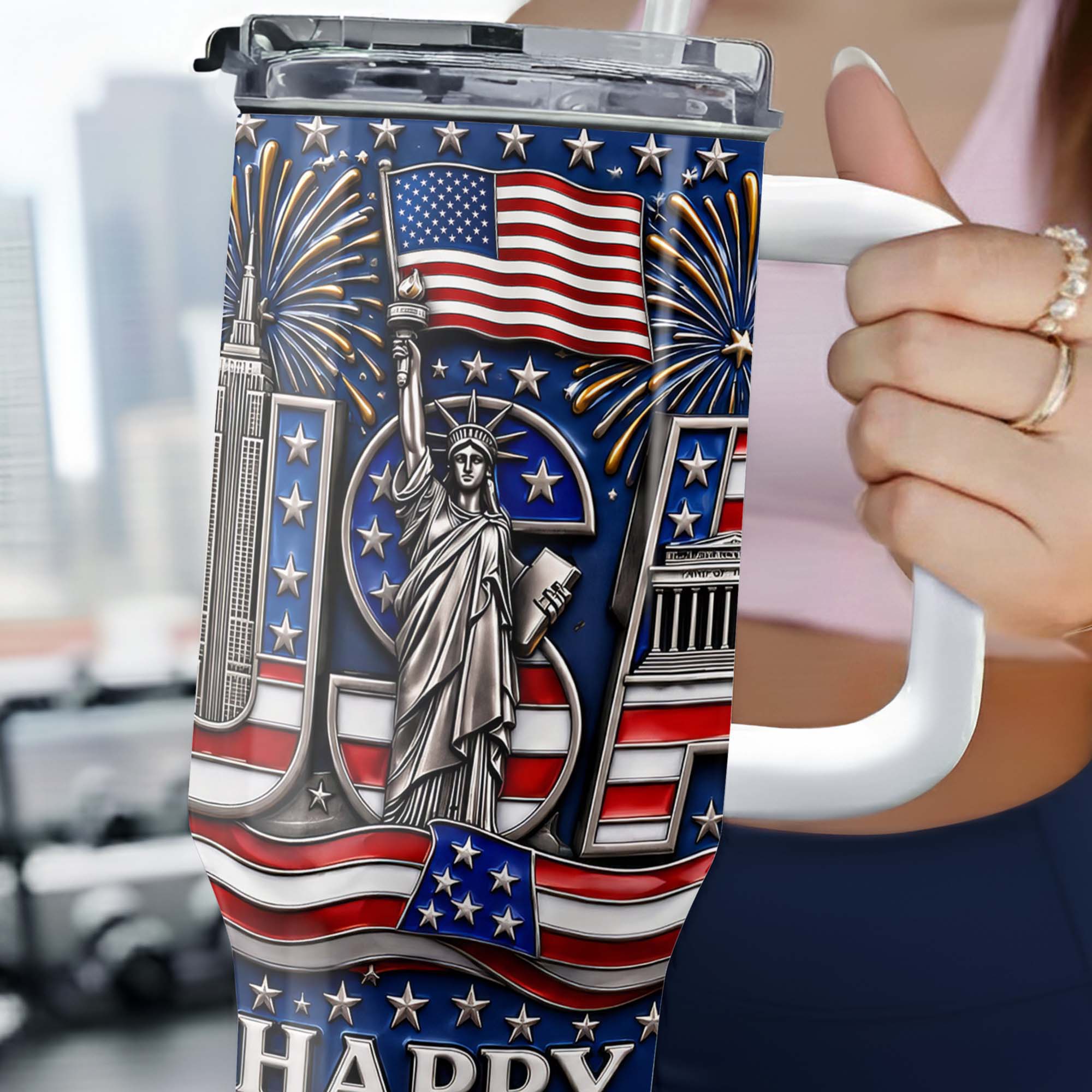 Personalized 40oz Tumbler with Straw American Flag Gift for 4th of July 40oz Tumbler GradoCreations