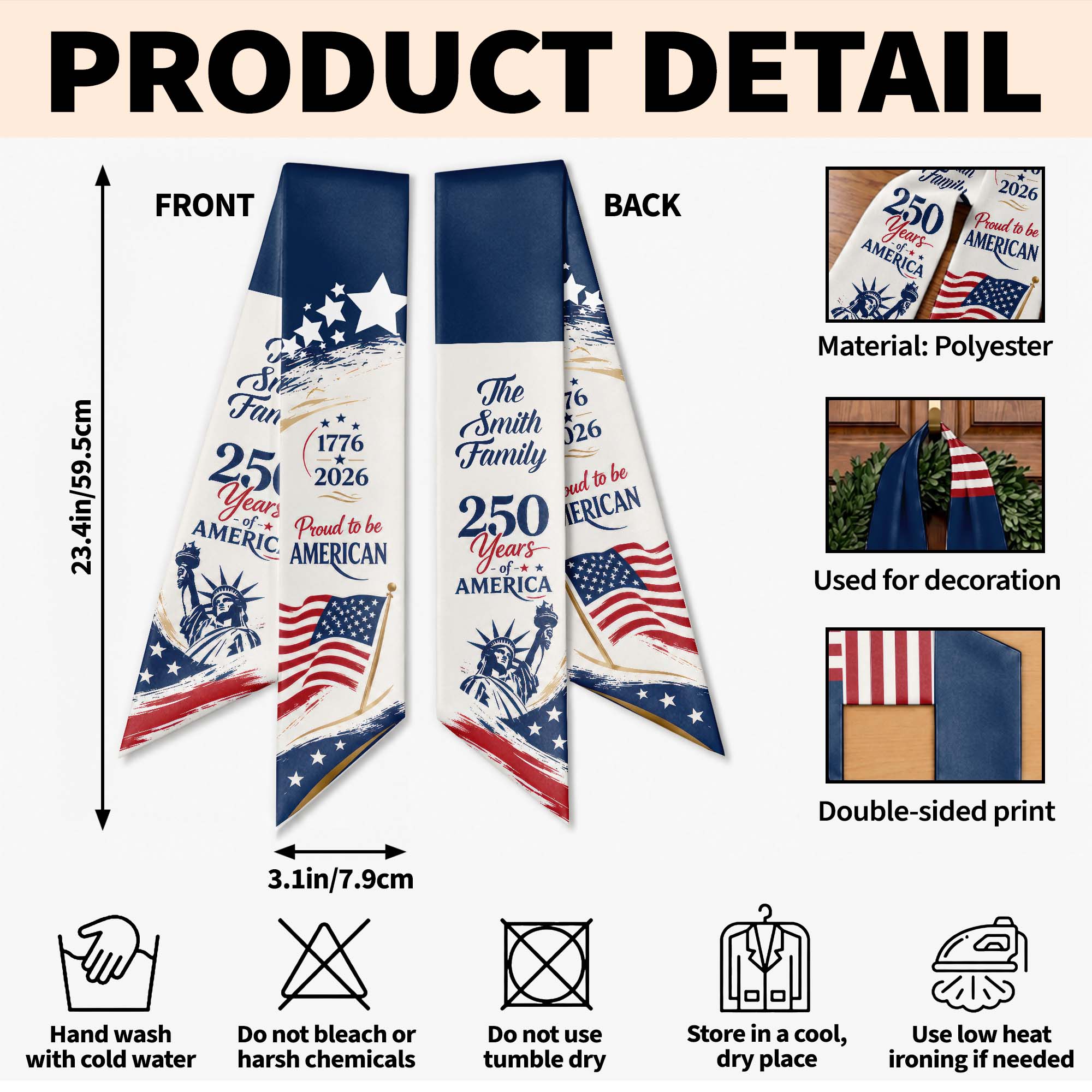Personalized American Flag Decorative Sash Custom Family Name 4th of July Gift Decorative Sash GradoCreations