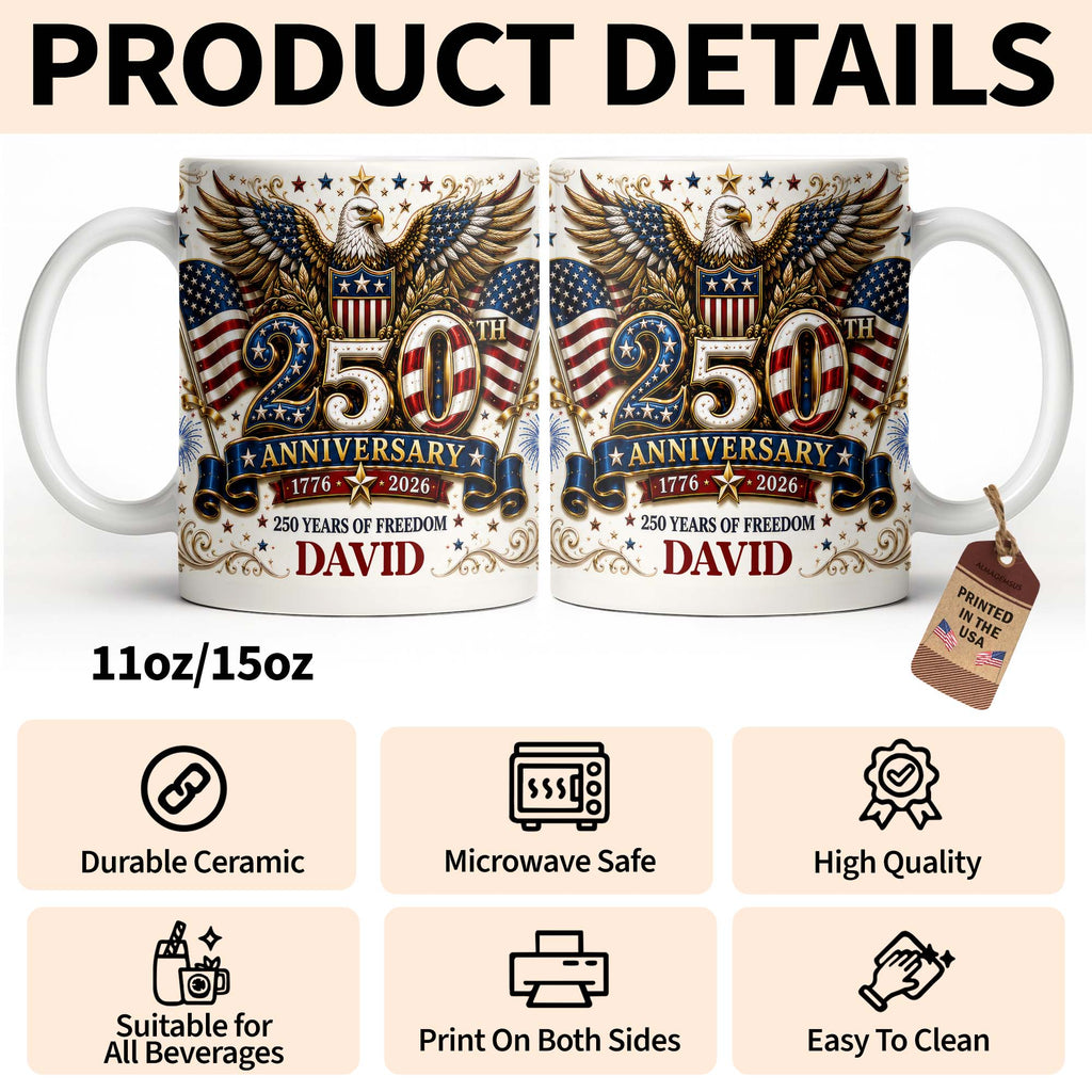 Personalized 250th Anniversary Mug Custom Name Eagle & Flags Edge-to-edge Mug GradoCreations