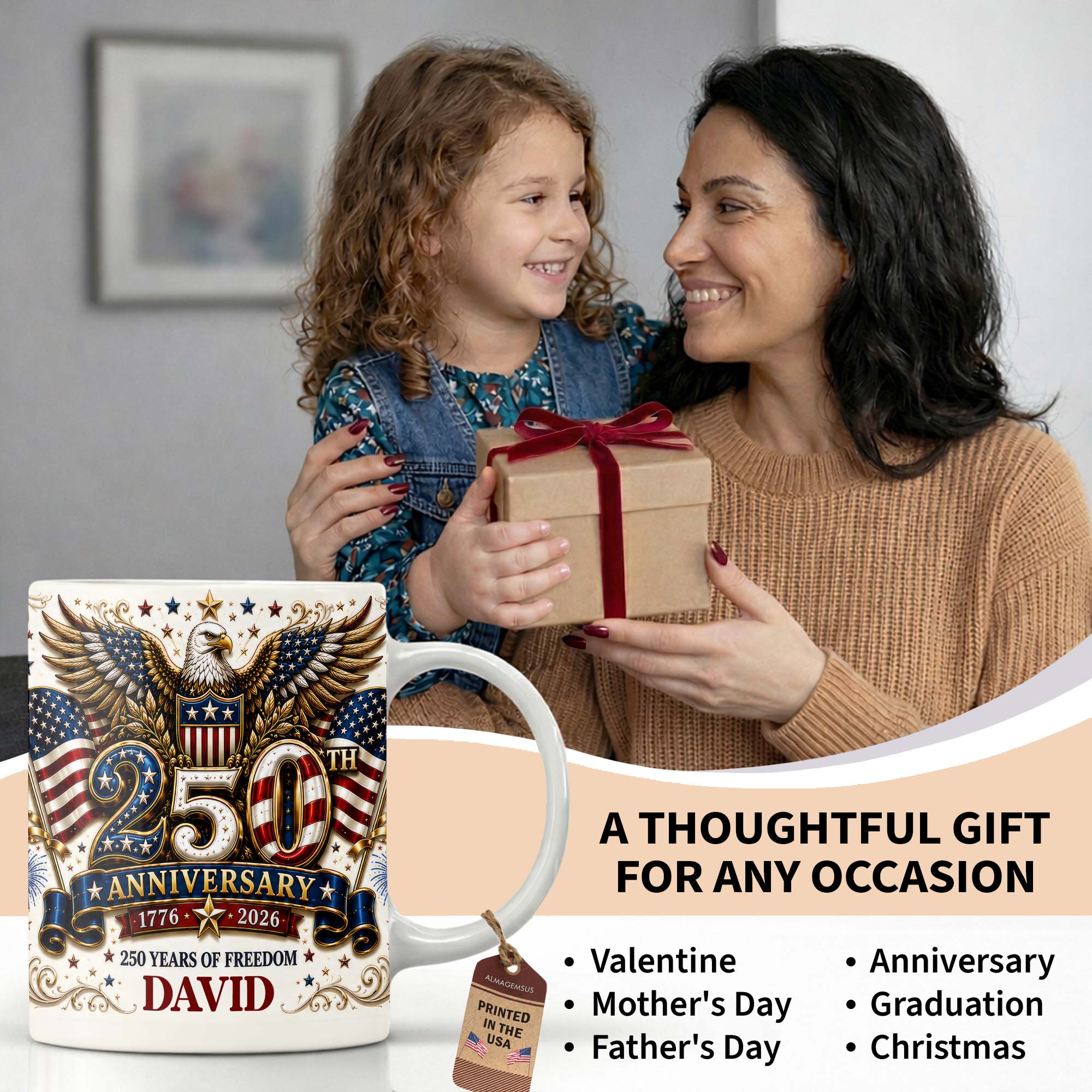 Personalized 250th Anniversary Mug Custom Name Eagle & Flags Edge-to-edge Mug GradoCreations
