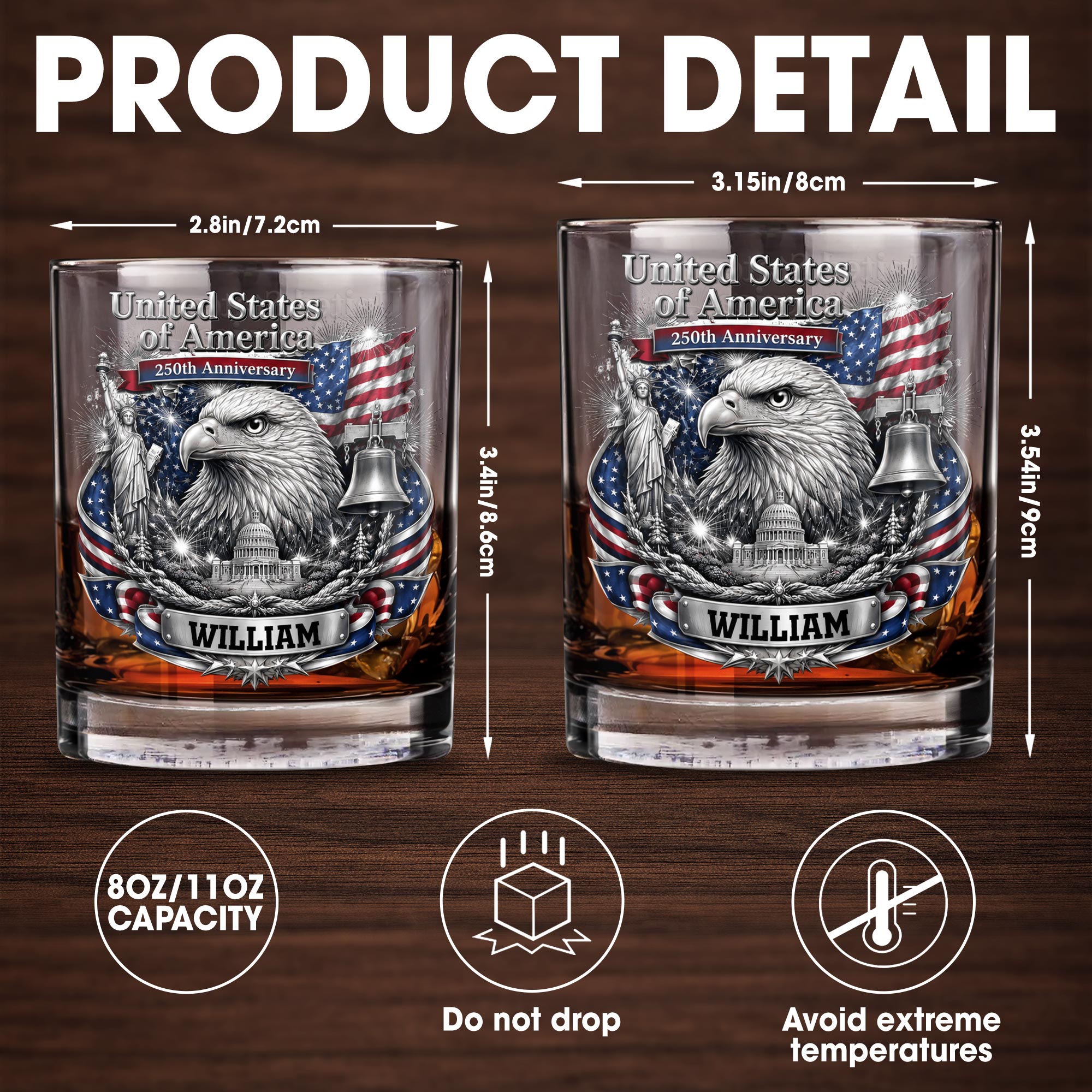 Personalized Custom Whiskey Glass with American Flag Gift for Dad Whiskey Glass GradoCreations