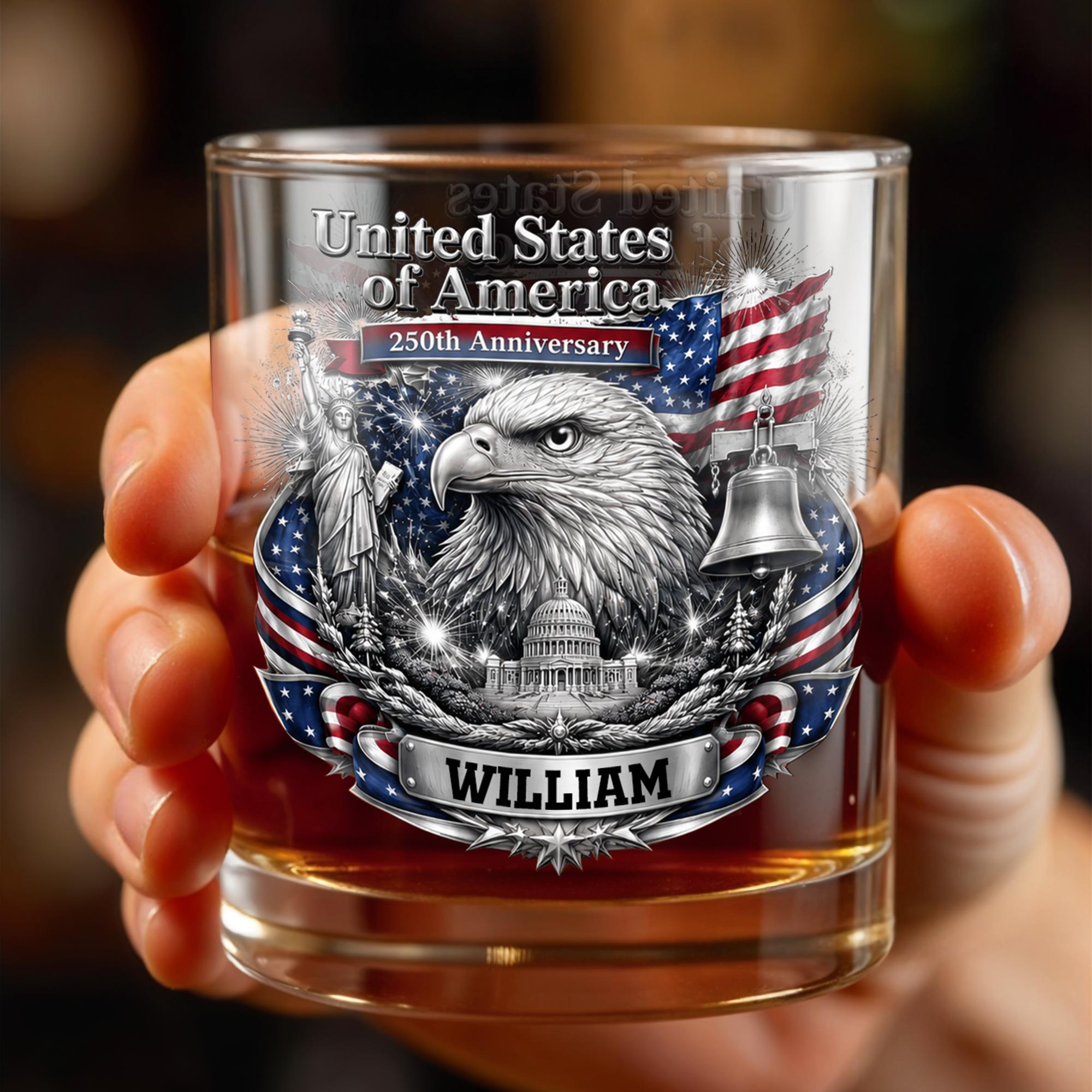 Personalized Custom Whiskey Glass with American Flag Gift for Dad Whiskey Glass GradoCreations