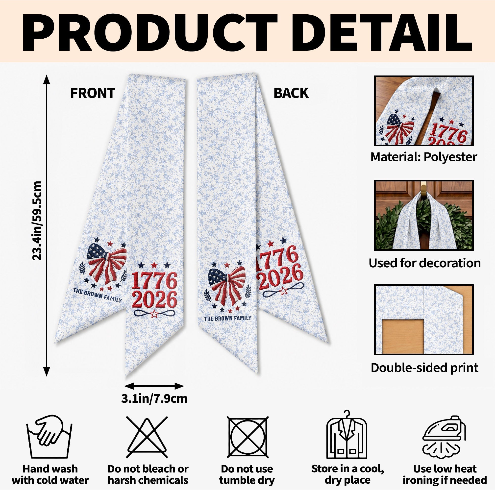 Personalized Independence Day Flag Decorative Sash Custom Family Name 250th Anniversary Decorative Sash GradoCreations