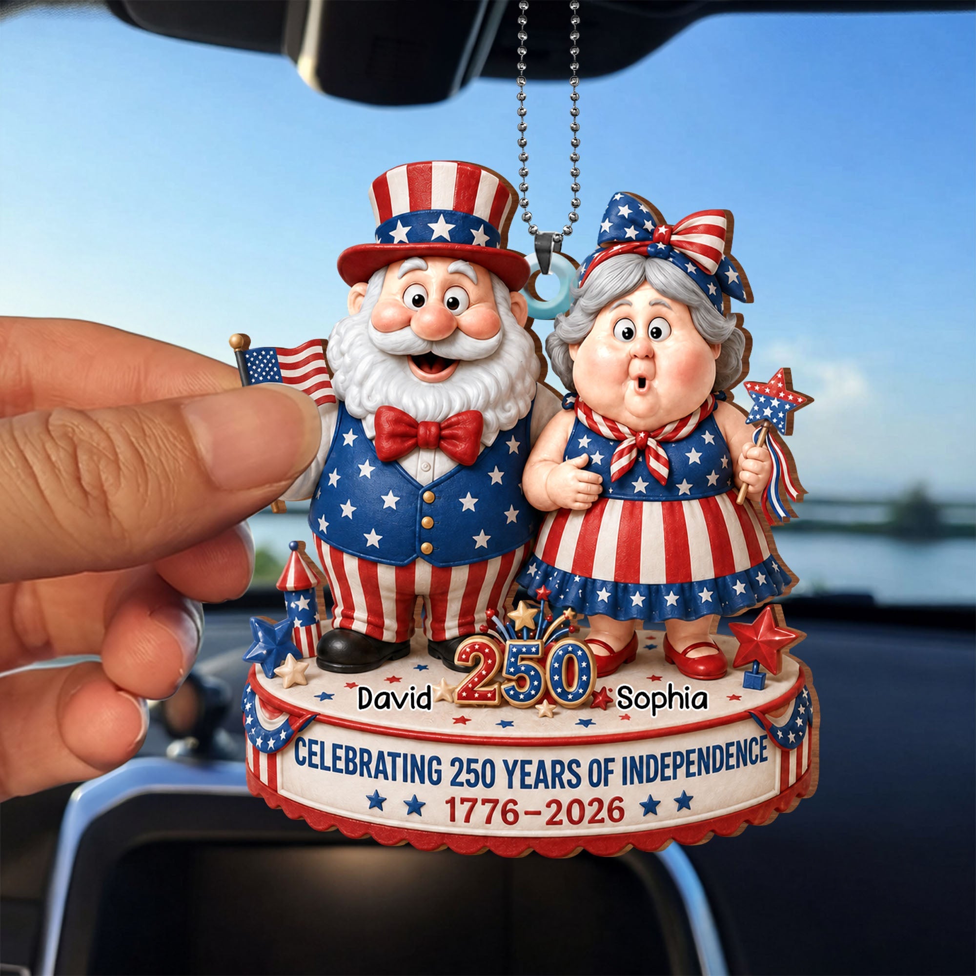 Personalized Wood Car Hanging Ornament American Flag Gift for Couple