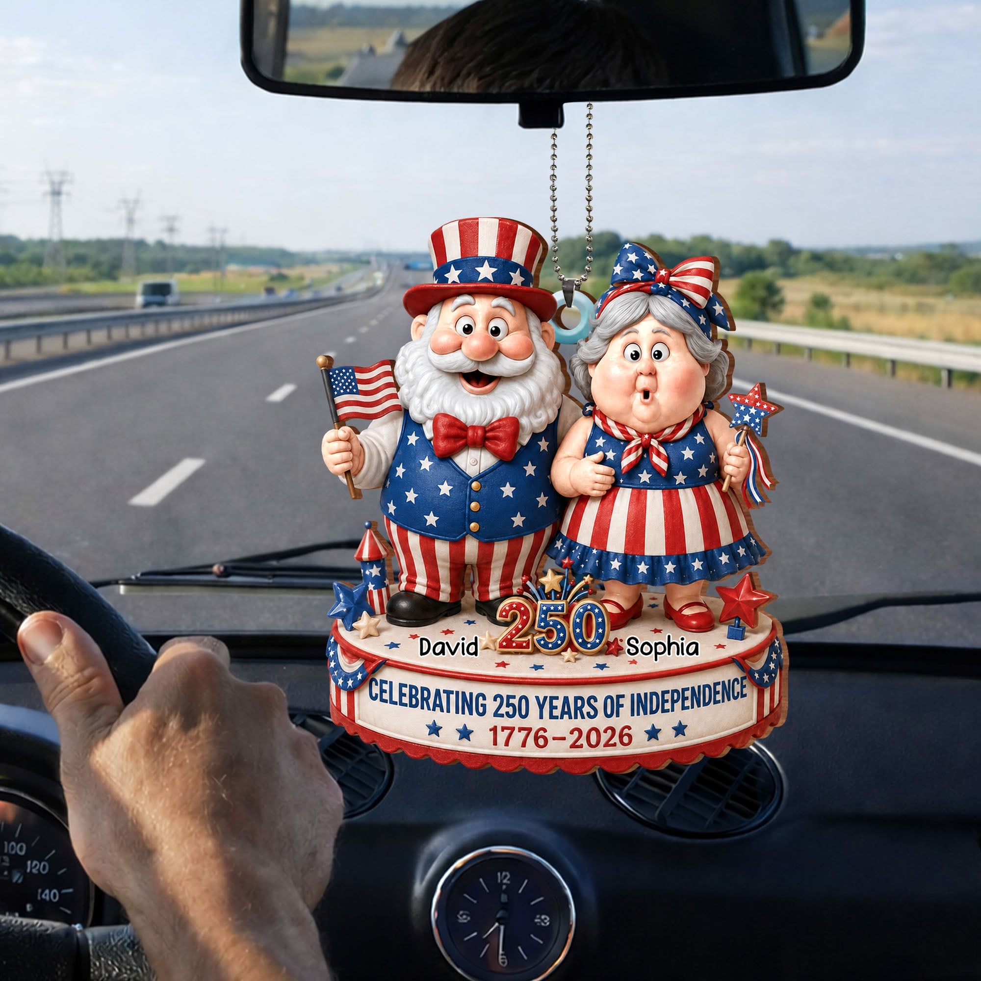 Personalized Wood Car Hanging Ornament American Flag Gift for Couple