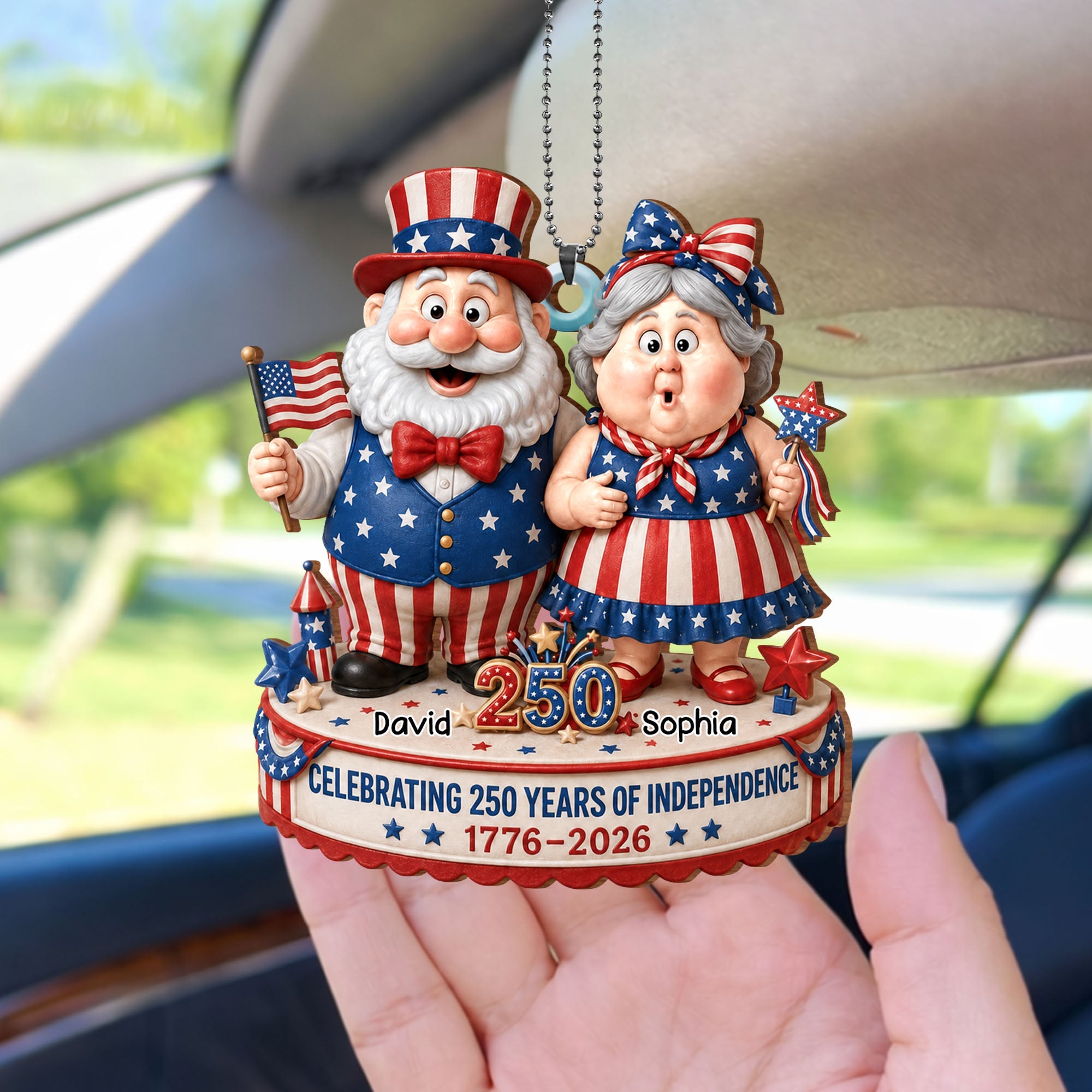 Personalized Wood Car Hanging Ornament American Flag Gift for Couple
