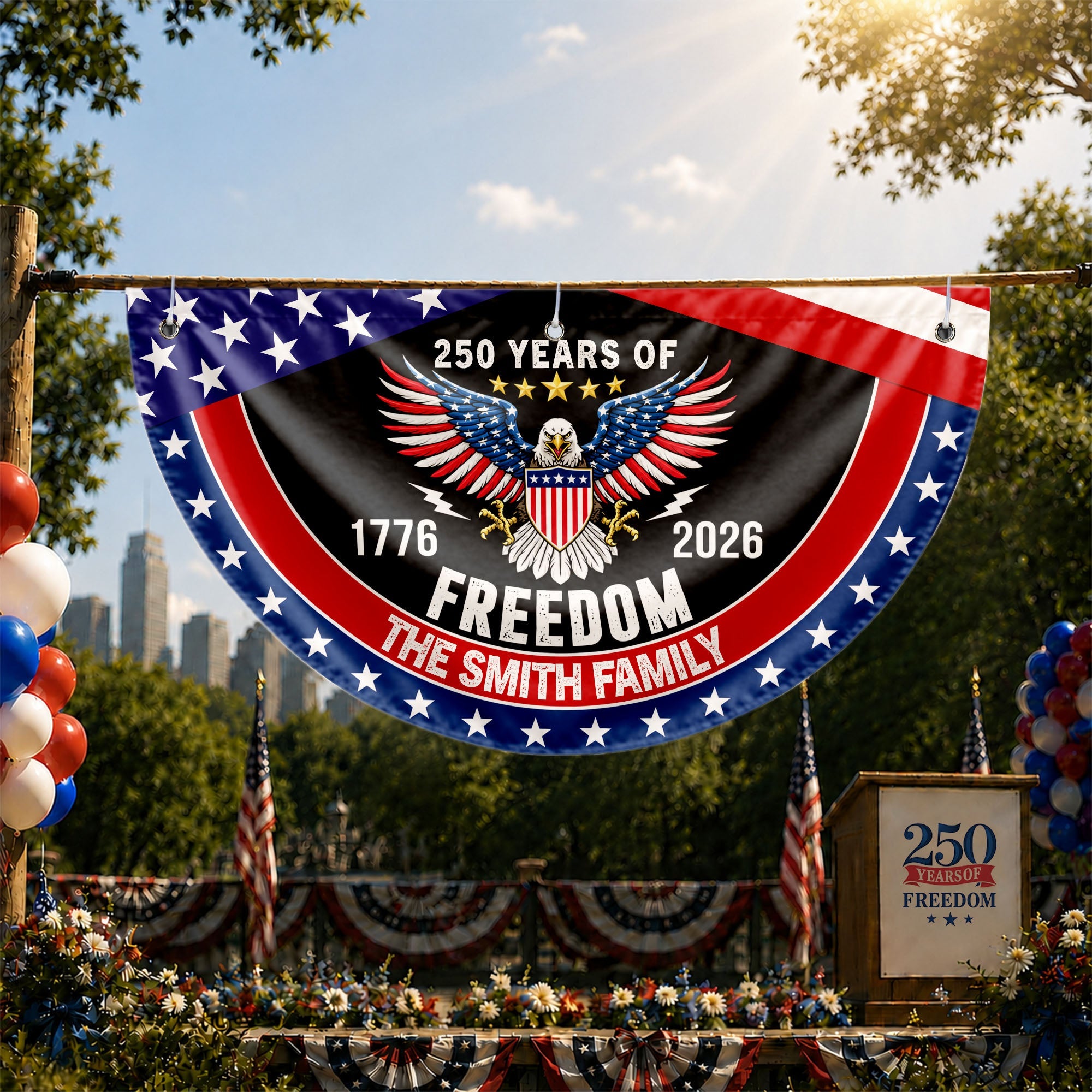 Personalized Bald Eagle Non-Pleated Fan Flag Custom Family Name Gift for 4th of July Non-Pleated Fan Flag GradoCreations