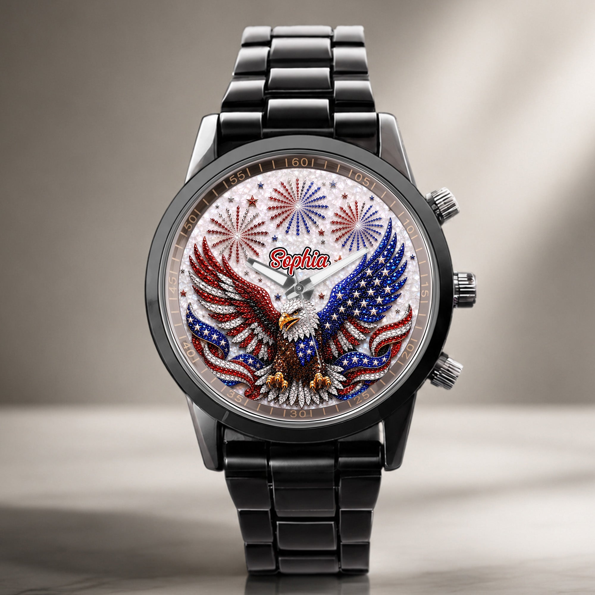 Personalized Black Men's Watch Custom Name Eagle Design Gift