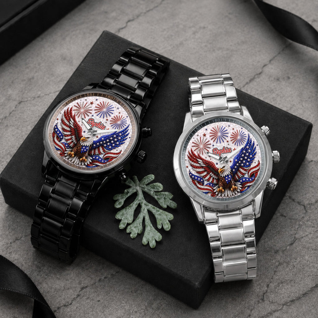 Personalized Black Men's Watch Custom Name Eagle Design Gift