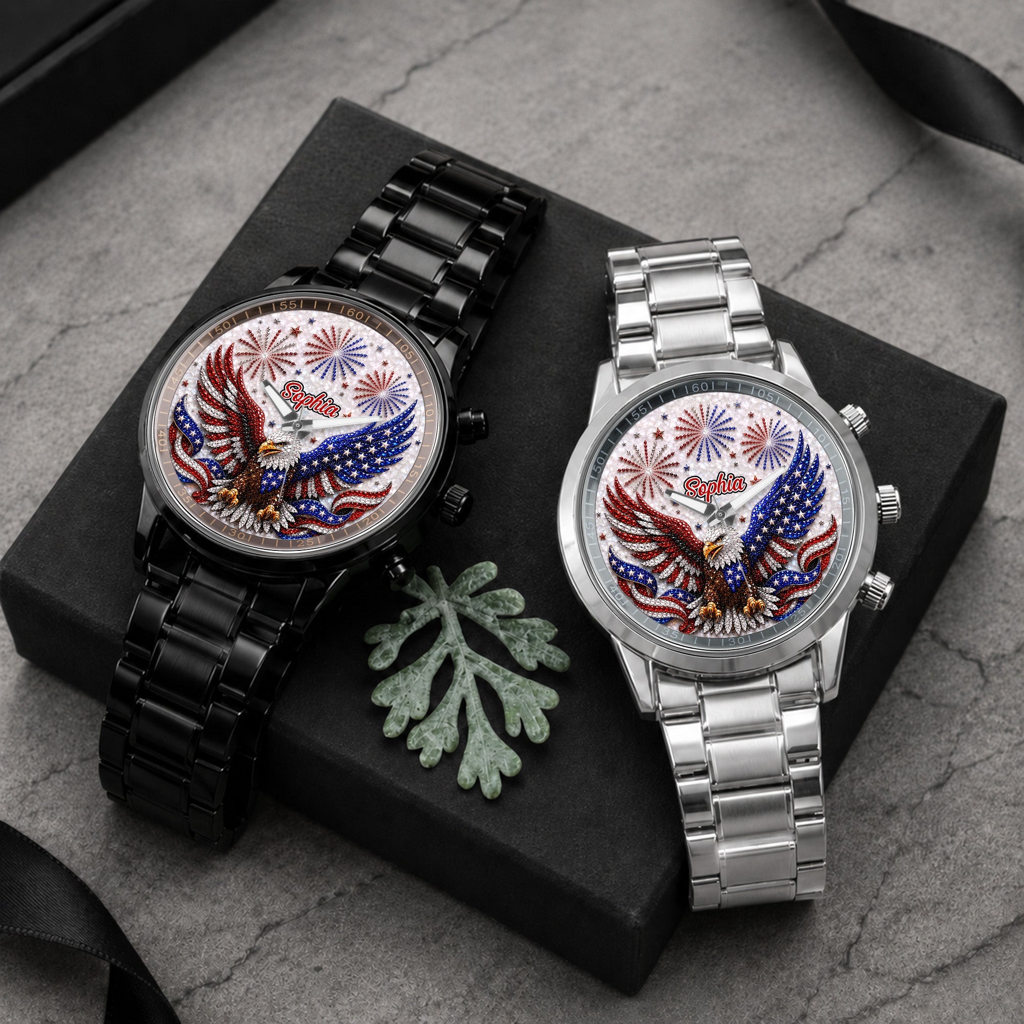 Personalized Black Men's Watch Custom Name Eagle Design Gift