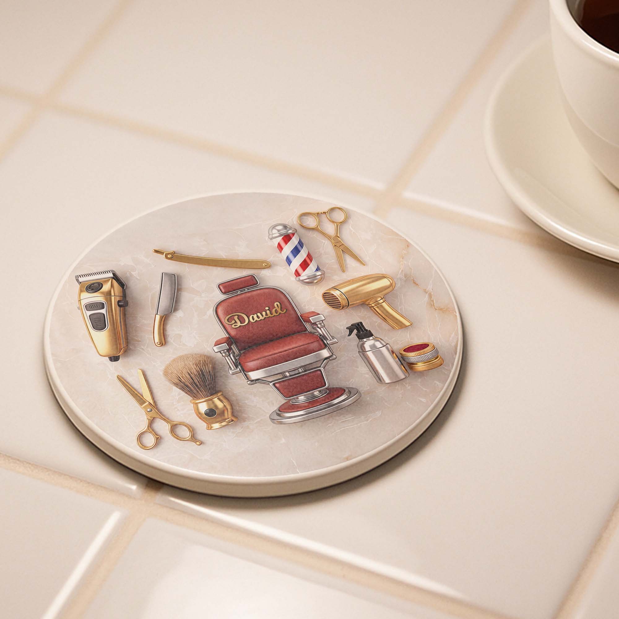 Personalized Ceramic Coaster Custom Name Gift for Dad Barber Ceramic Coaster GradoCreations