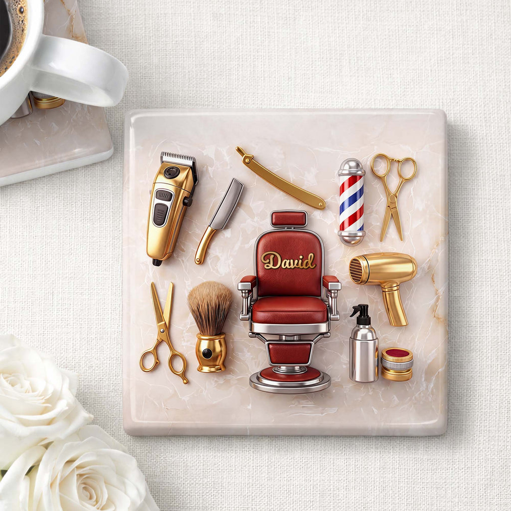 Personalized Ceramic Coaster Custom Barber Chair Gift for Dad Square Ceramic Coaster GradoCreations