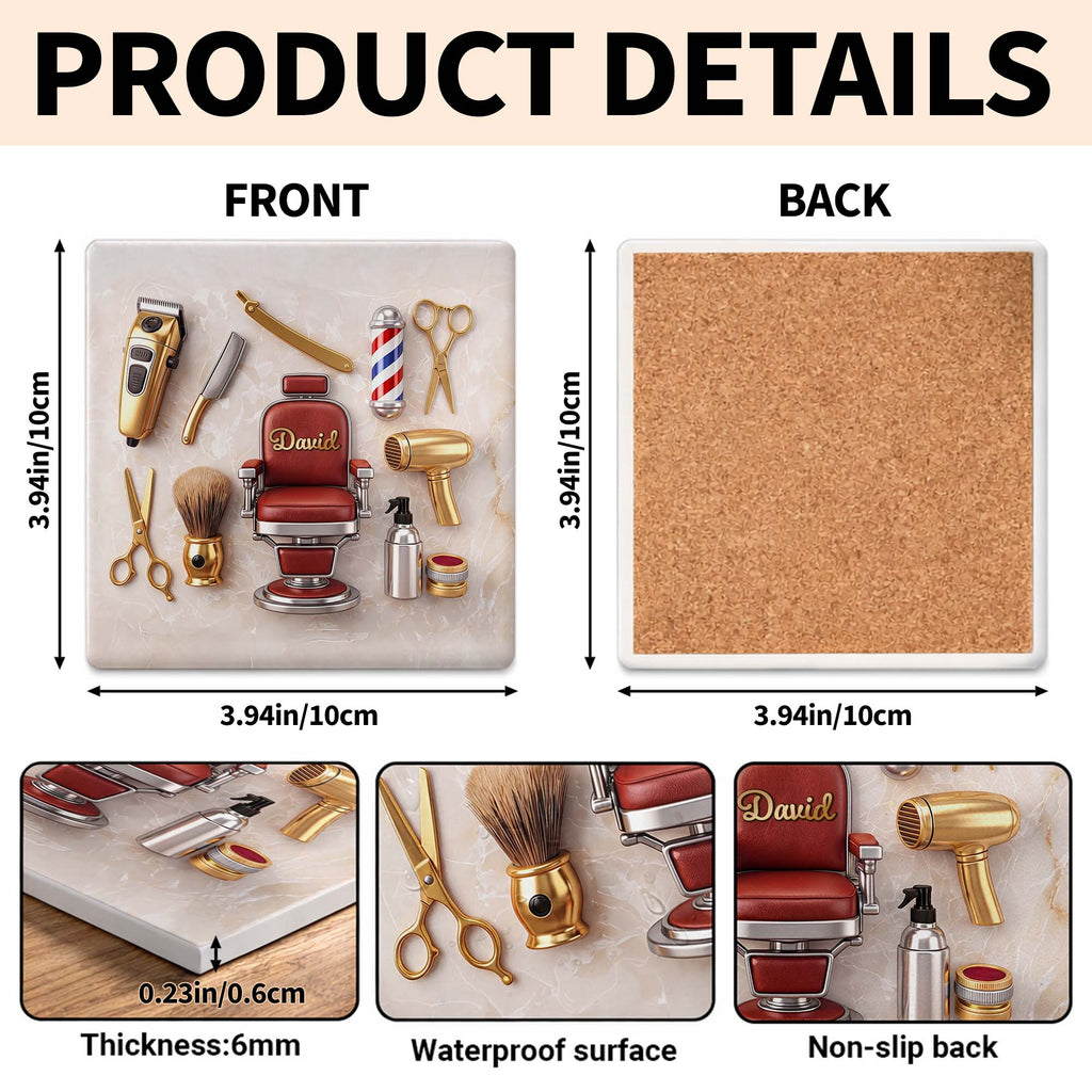 Personalized Ceramic Coaster Custom Barber Chair Gift for Dad Square Ceramic Coaster GradoCreations