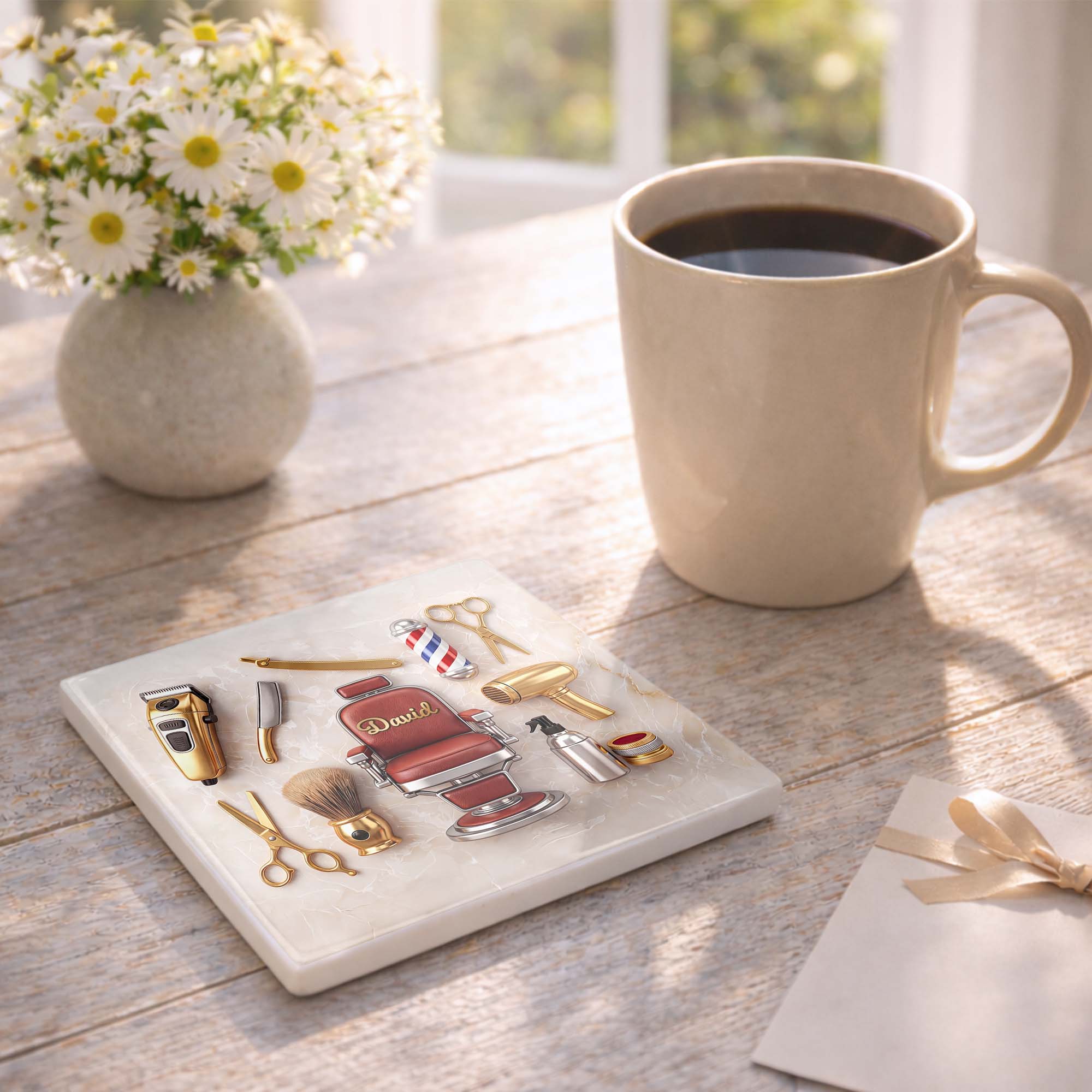 Personalized Ceramic Coaster Custom Barber Chair Gift for Dad Square Ceramic Coaster GradoCreations