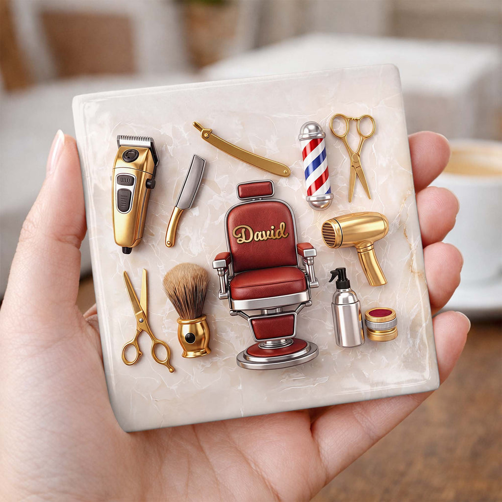 Personalized Ceramic Coaster Custom Barber Chair Gift for Dad Square Ceramic Coaster GradoCreations