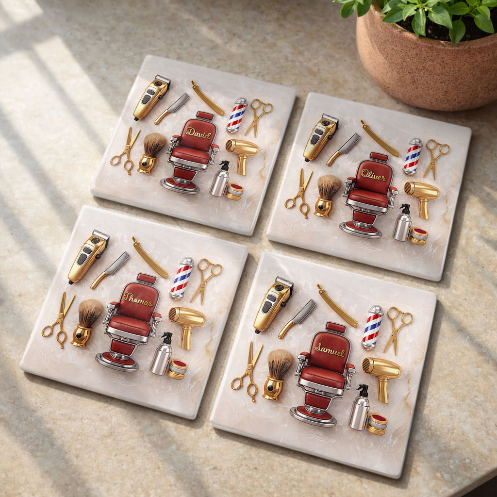 Personalized Ceramic Coaster Custom Barber Chair Gift for Dad Square Ceramic Coaster GradoCreations