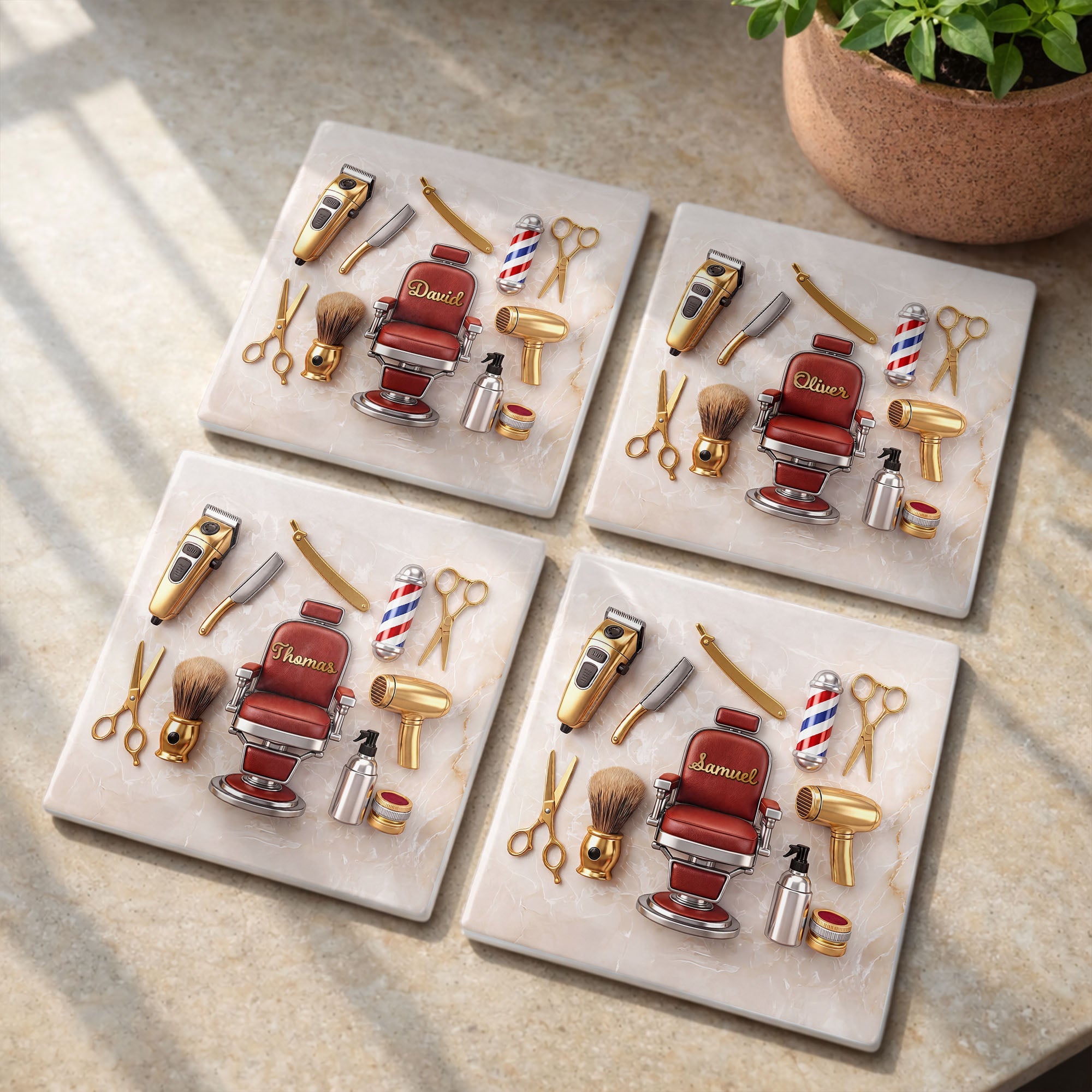 Personalized Ceramic Coaster Custom Barber Chair Gift for Dad Square Ceramic Coaster GradoCreations
