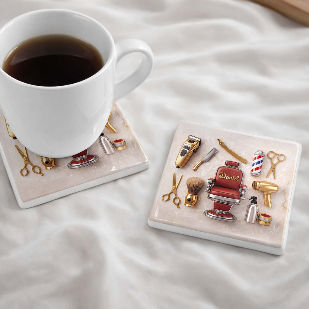 Personalized Ceramic Coaster Custom Barber Chair Gift for Dad Square Ceramic Coaster GradoCreations