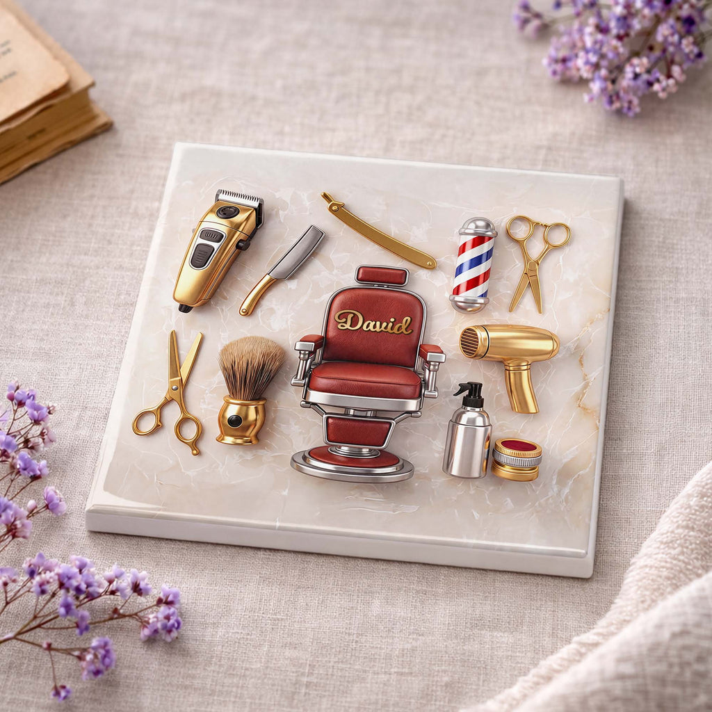 Personalized Ceramic Coaster Custom Barber Chair Gift for Dad Square Ceramic Coaster GradoCreations