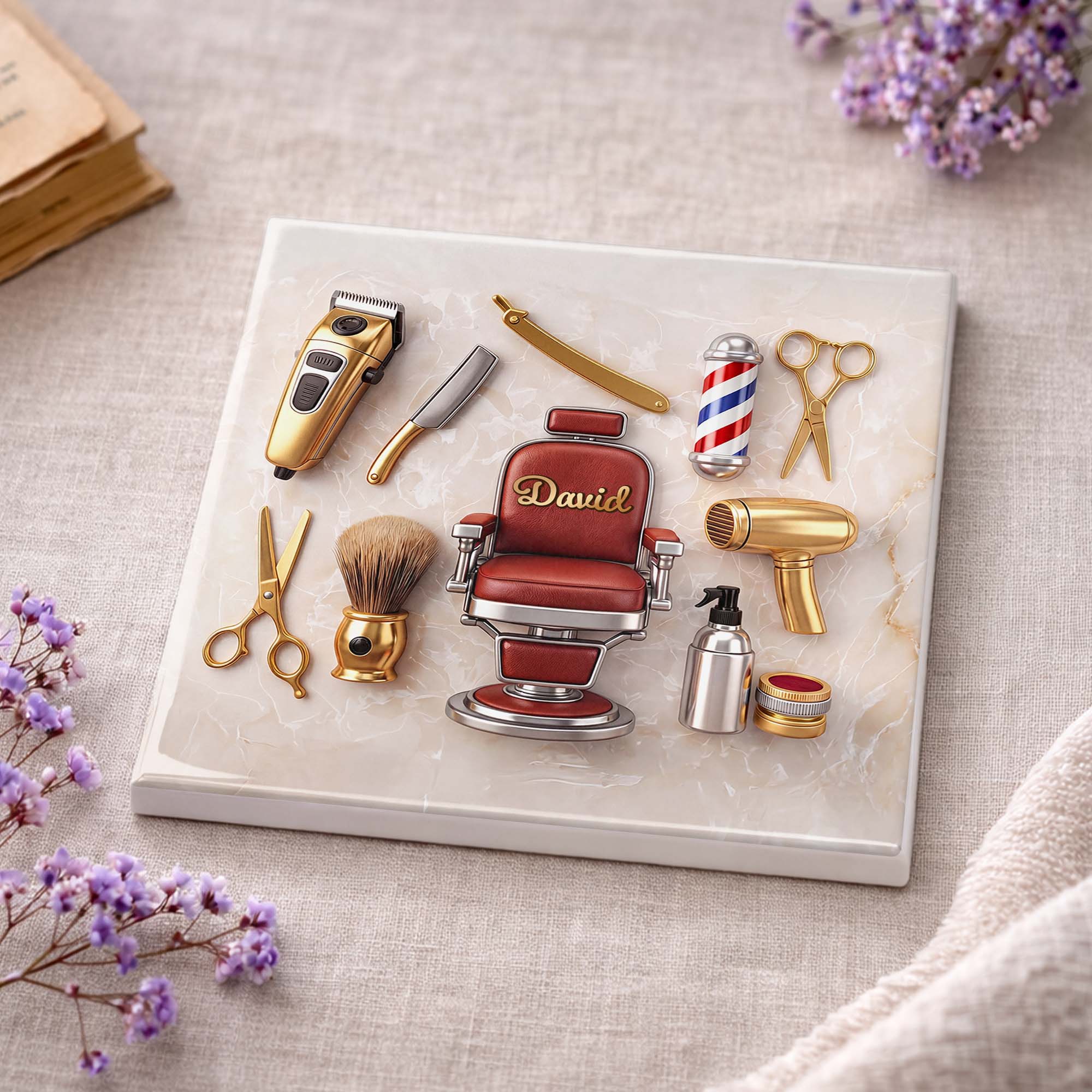 Personalized Ceramic Coaster Custom Barber Chair Gift for Dad Square Ceramic Coaster GradoCreations