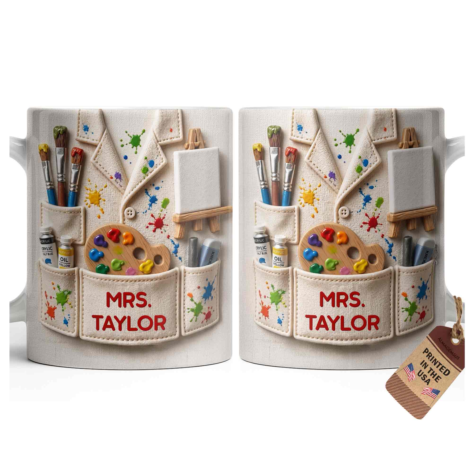 Personalized Art Teacher Coffee Mug Custom Name 3D Effect Gift Edge-to-edge Mug GradoCreations