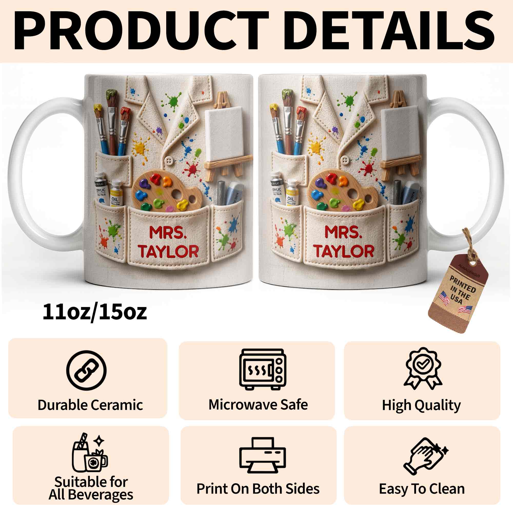 Personalized Art Teacher Coffee Mug Custom Name 3D Effect Gift Edge-to-edge Mug GradoCreations