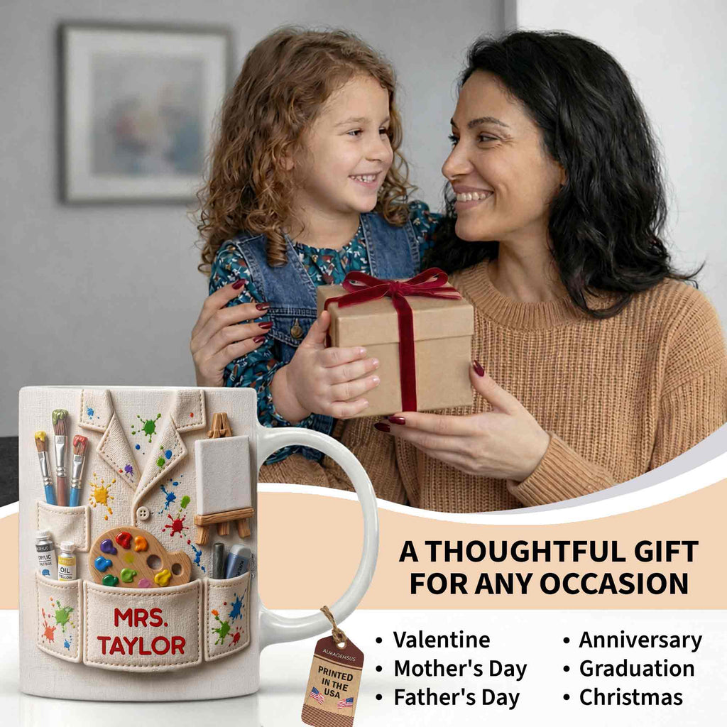 Personalized Art Teacher Coffee Mug Custom Name 3D Effect Gift Edge-to-edge Mug GradoCreations