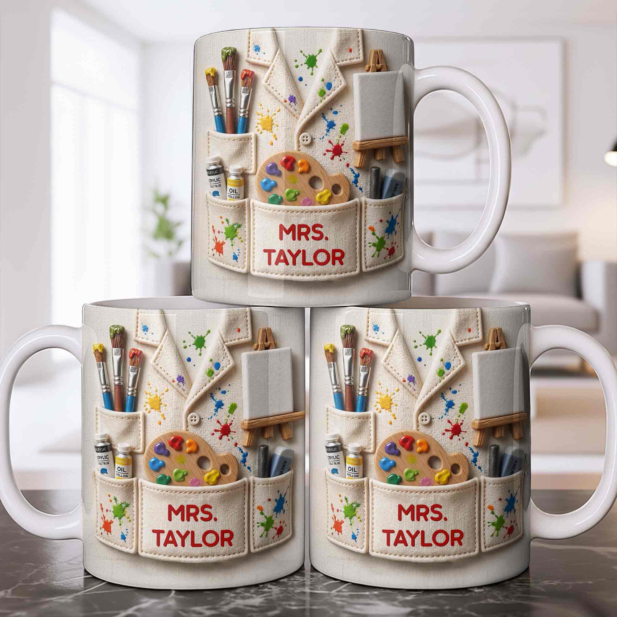Personalized Art Teacher Coffee Mug Custom Name 3D Effect Gift Edge-to-edge Mug GradoCreations