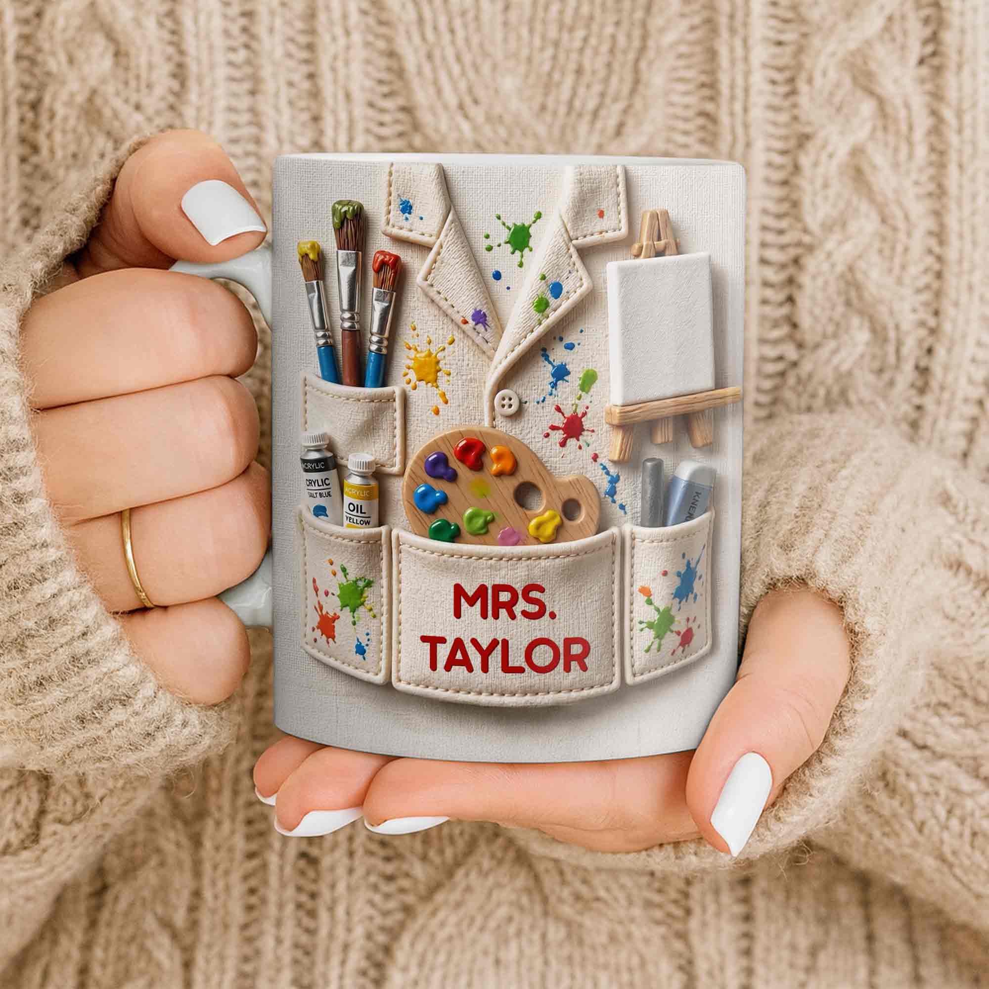 Personalized Art Teacher Coffee Mug Custom Name 3D Effect Gift Edge-to-edge Mug GradoCreations