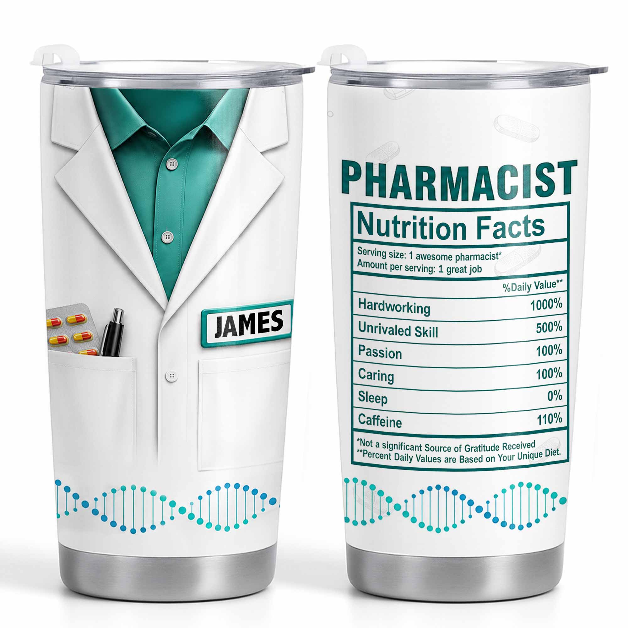 Personalized Nutrition Facts Stainless Steel Tumbler for Pharmacists - Custom 20oz/30oz Gift Tumbler GradoCreations