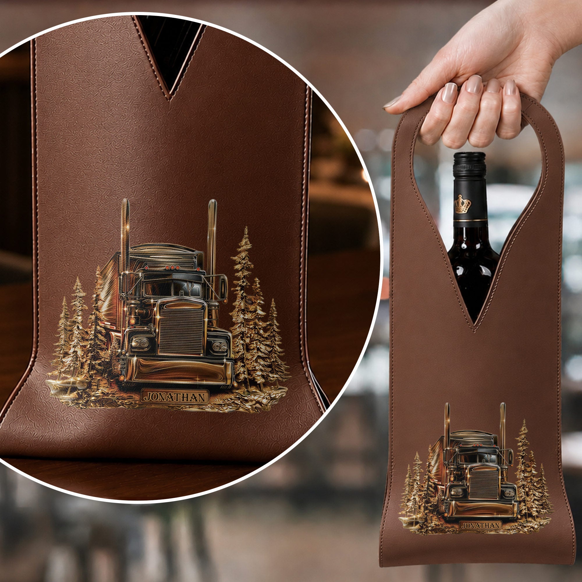 Personalized Leather Wine Bag Custom Name for Truck Driver Gift Leather Wine Bag GradoCreations