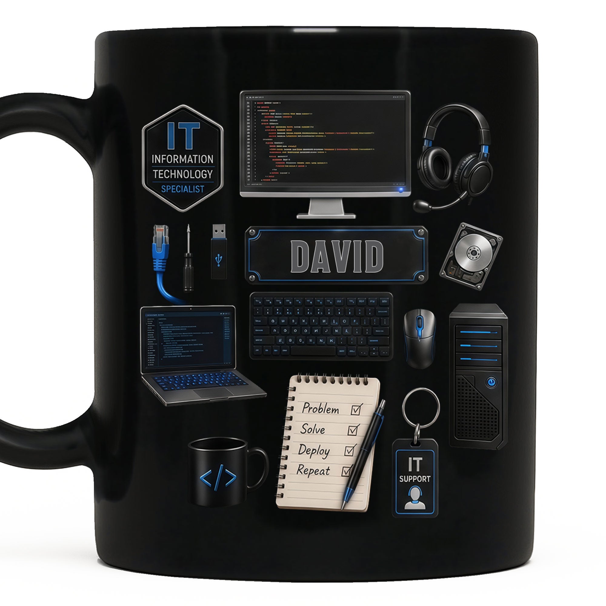 Personalized Black Mug Custom Quote for IT Specialist Gift Black Mug GradoCreations
