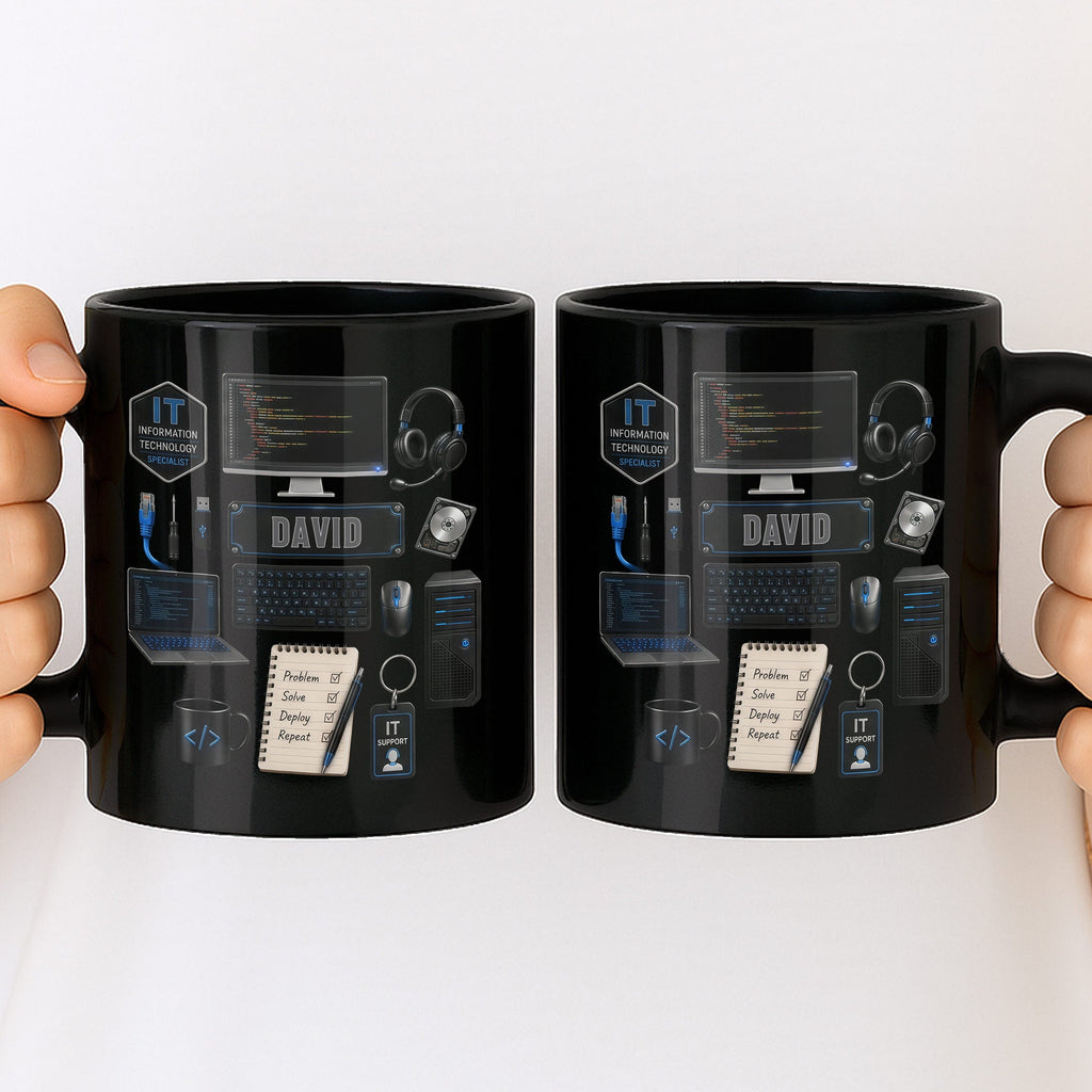 Personalized Black Mug Custom Quote for IT Specialist Gift Black Mug GradoCreations
