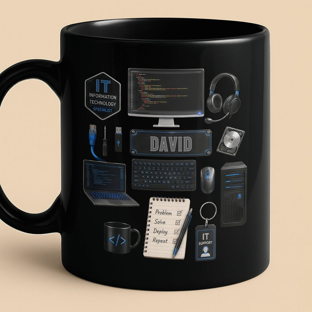 Personalized Black Mug Custom Quote for IT Specialist Gift Black Mug GradoCreations