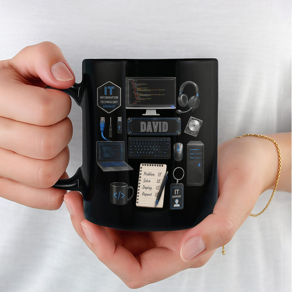 Personalized Black Mug Custom Quote for IT Specialist Gift Black Mug GradoCreations
