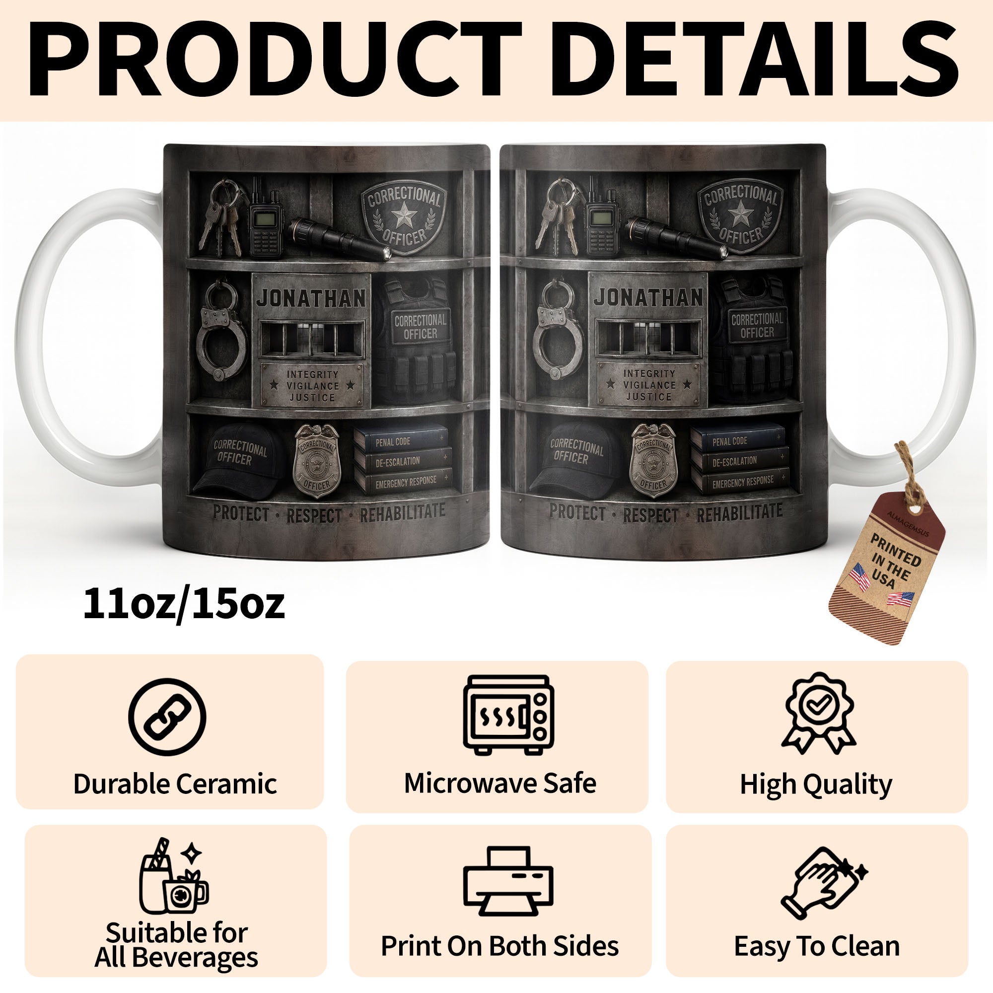 Personalized Coffee Mug Custom Badge Gift for Correctional Officer Dad Edge-to-edge Mug GradoCreations
