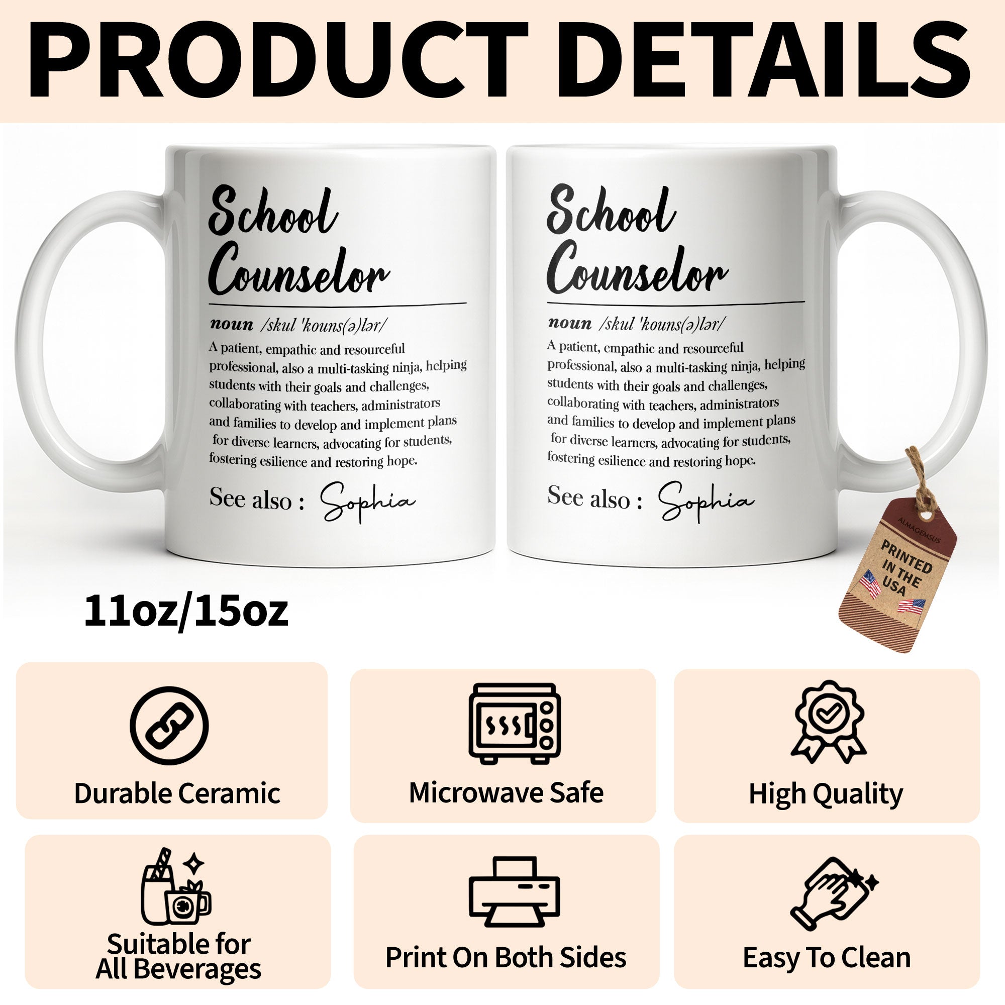 Personalized School Counselor Coffee Mug Custom Name Gift Edge-to-edge Mug GradoCreations