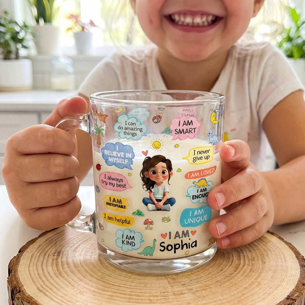 Personalized Kids Glass Mug Custom Dinosaurs Affirmation Gift Glass Mug GradoCreations