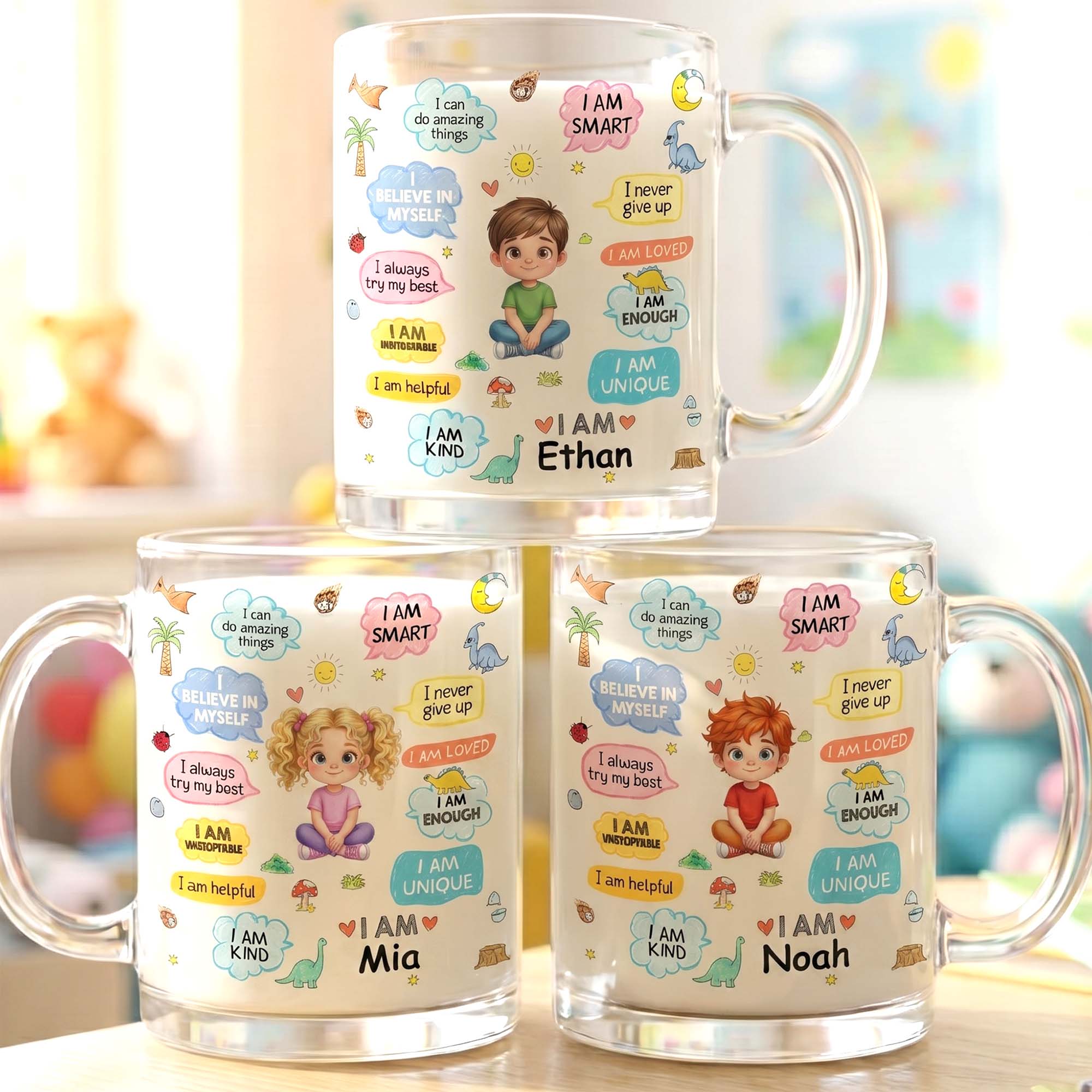 Personalized Kids Glass Mug Custom Dinosaurs Affirmation Gift Glass Mug GradoCreations