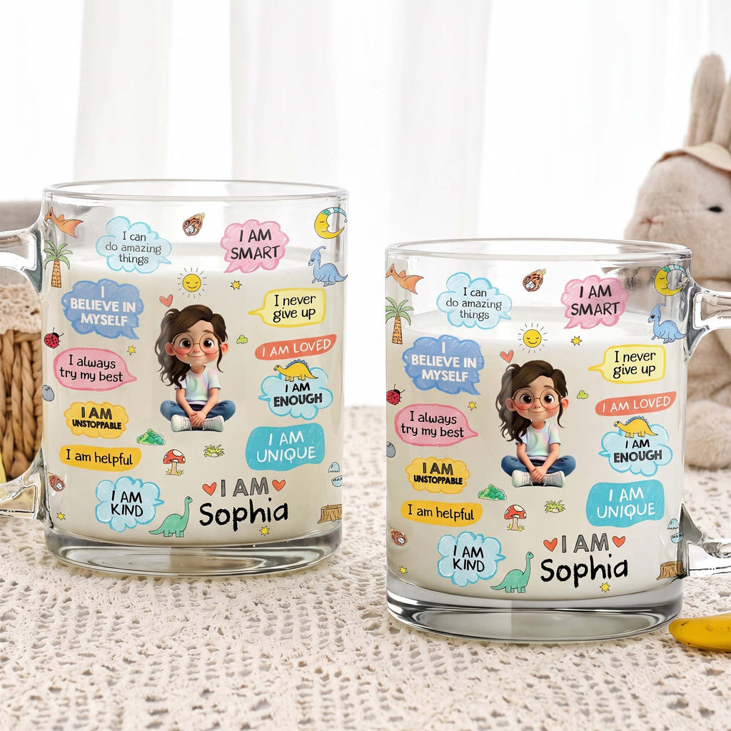 Personalized Kids Glass Mug Custom Dinosaurs Affirmation Gift Glass Mug GradoCreations