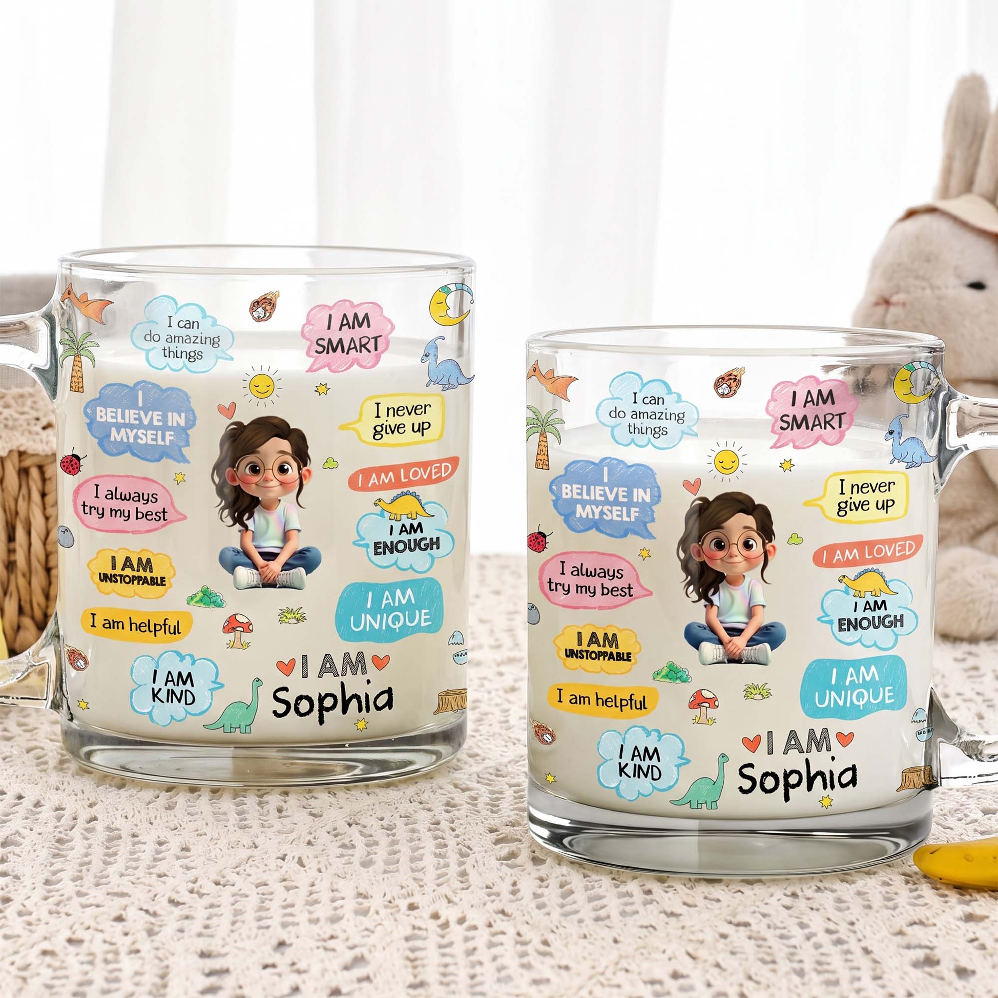 Personalized Kids Glass Mug Custom Dinosaurs Affirmation Gift Glass Mug GradoCreations