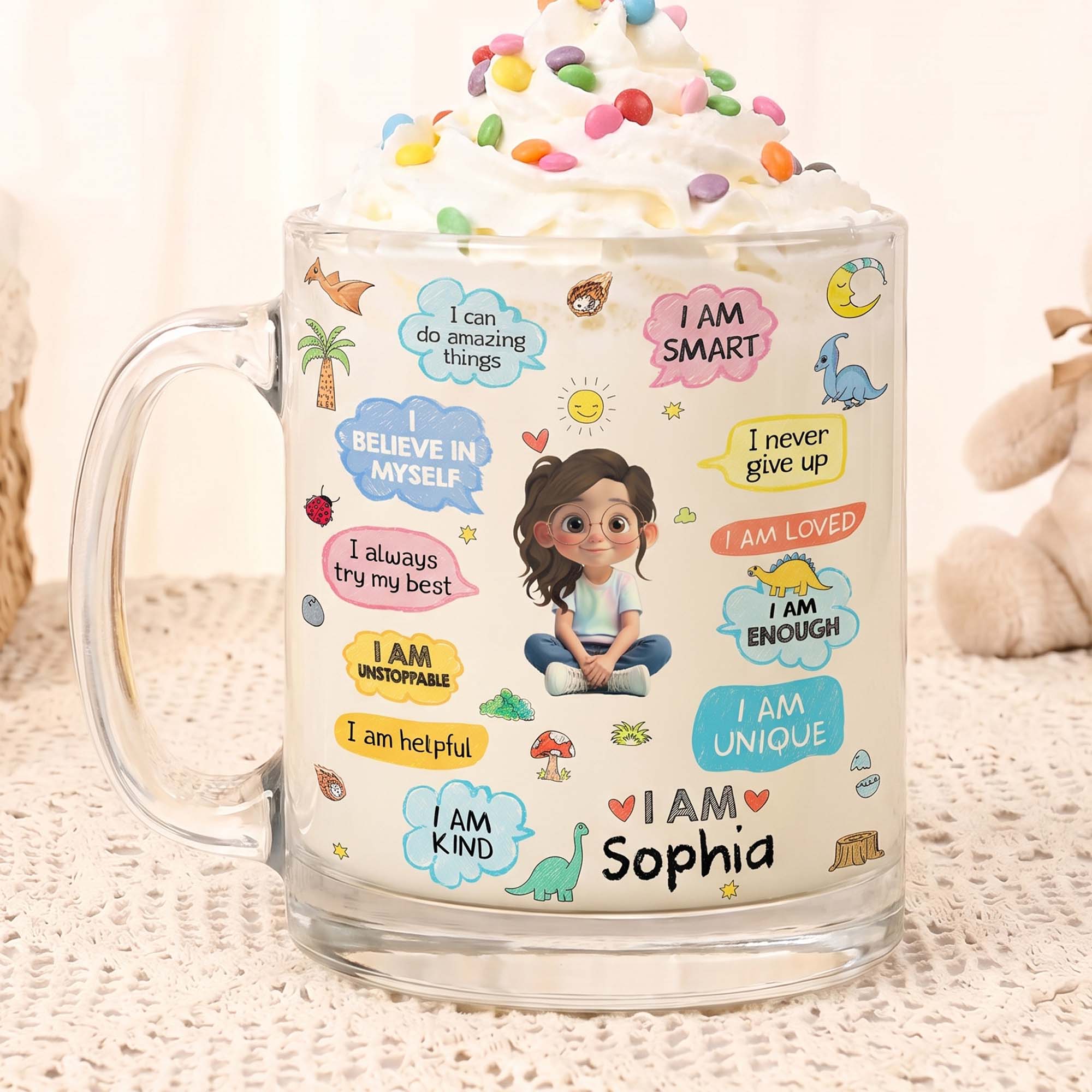 Personalized Kids Glass Mug Custom Dinosaurs Affirmation Gift Glass Mug GradoCreations