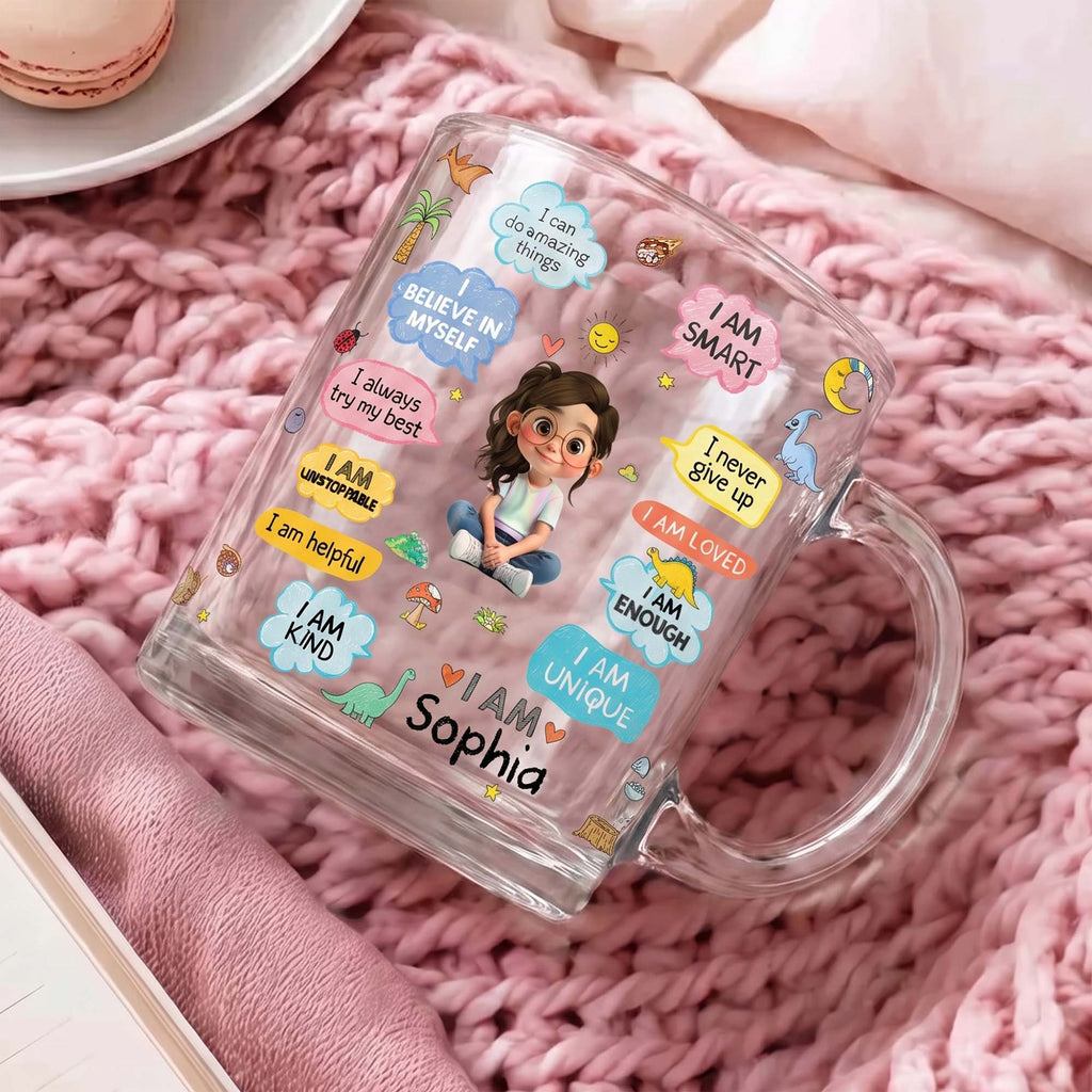 Personalized Kids Glass Mug Custom Dinosaurs Affirmation Gift Glass Mug GradoCreations