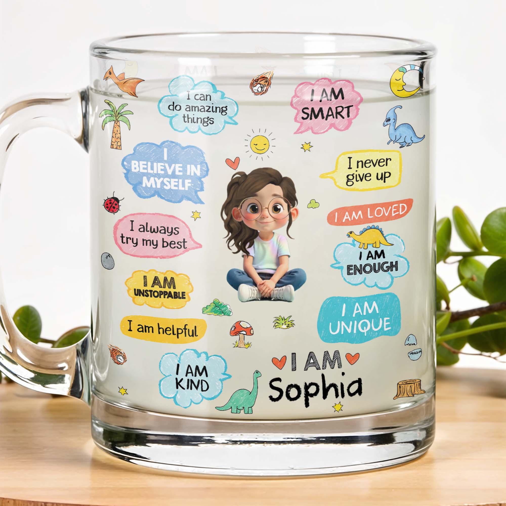 Personalized Kids Glass Mug Custom Dinosaurs Affirmation Gift Glass Mug GradoCreations
