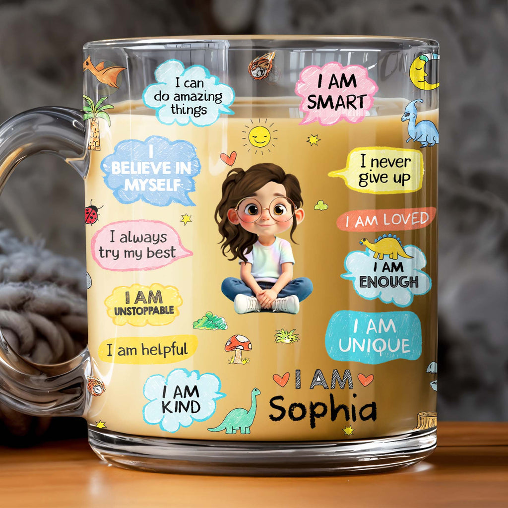 Personalized Kids Glass Mug Custom Dinosaurs Affirmation Gift Glass Mug GradoCreations