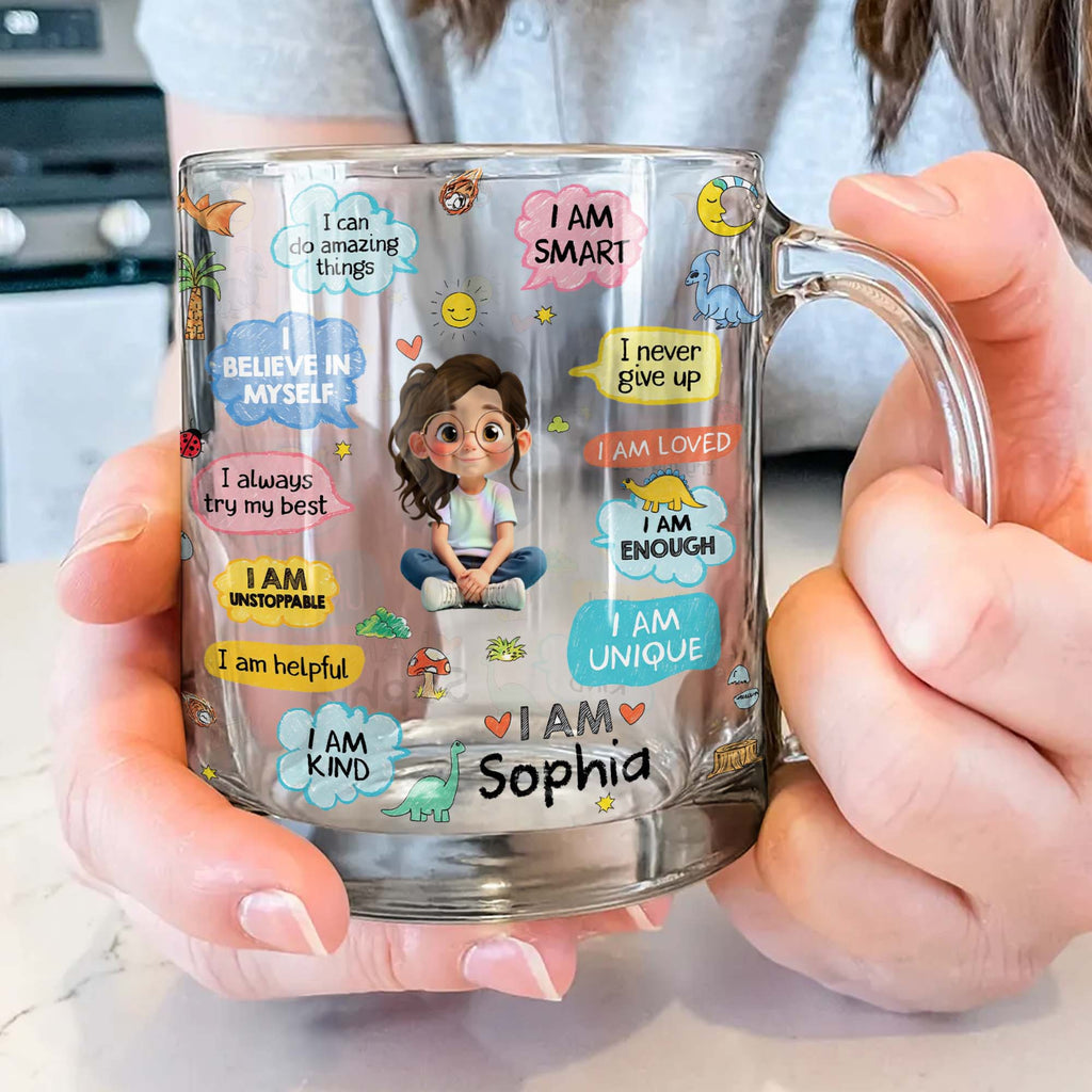 Personalized Kids Glass Mug Custom Dinosaurs Affirmation Gift Glass Mug GradoCreations