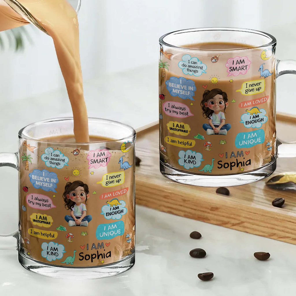 Personalized Kids Glass Mug Custom Dinosaurs Affirmation Gift Glass Mug GradoCreations