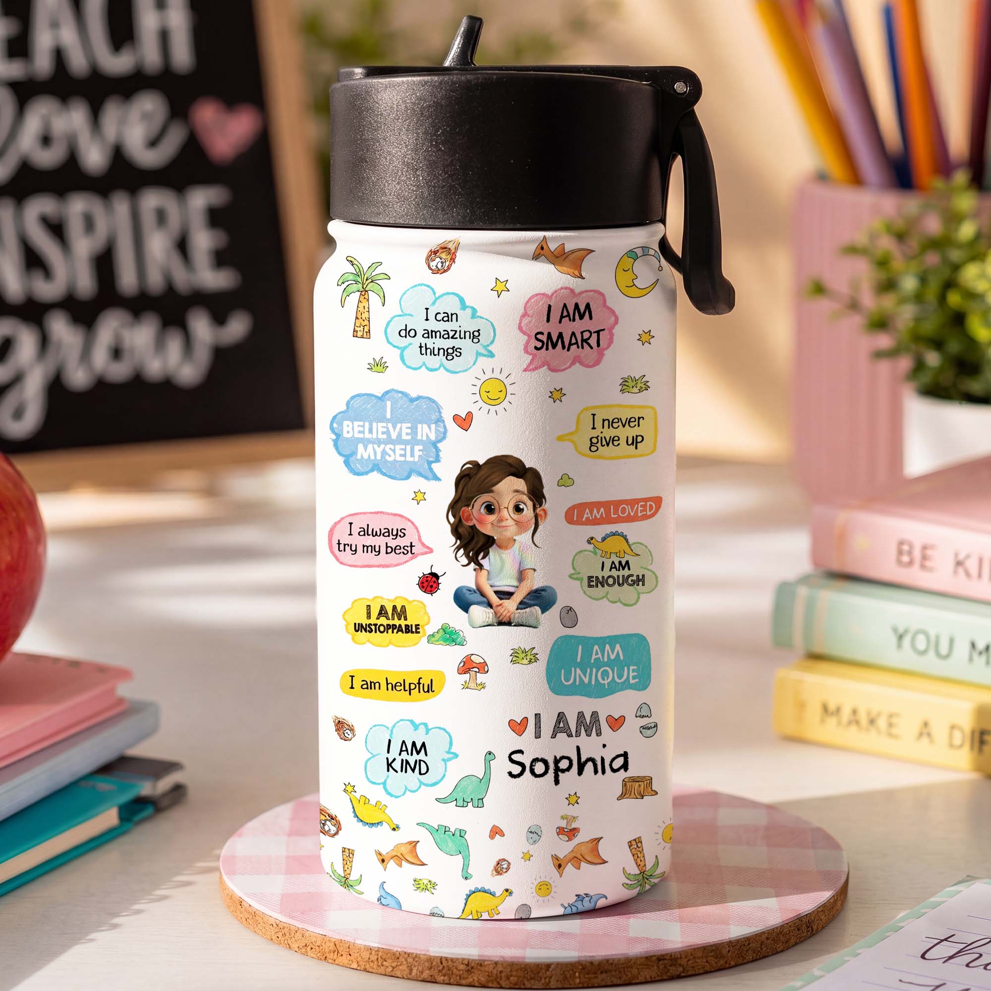 Personalized Kids Water Bottle with Straw Custom Name Dinosaur Design Kid Water Bottle GradoCreations