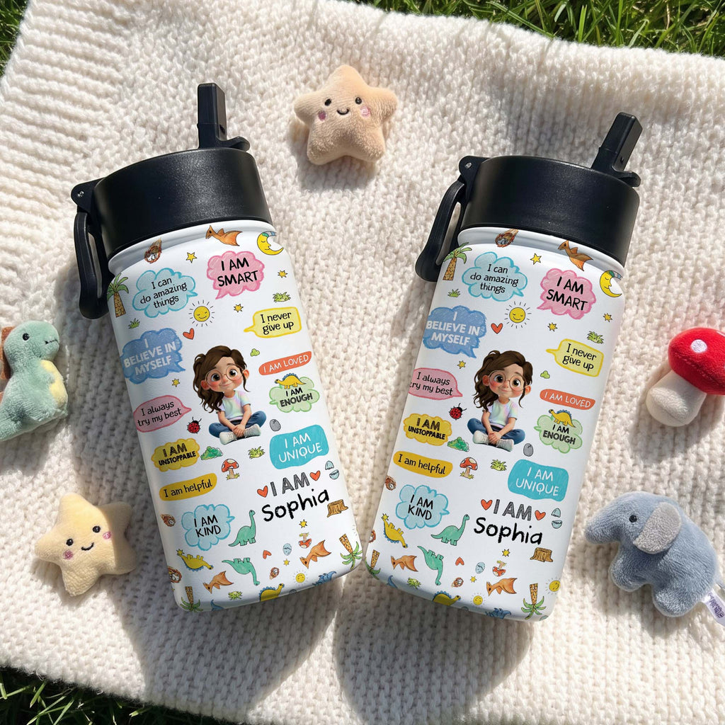 Personalized Kids Water Bottle with Straw Custom Name Dinosaur Design Kid Water Bottle GradoCreations