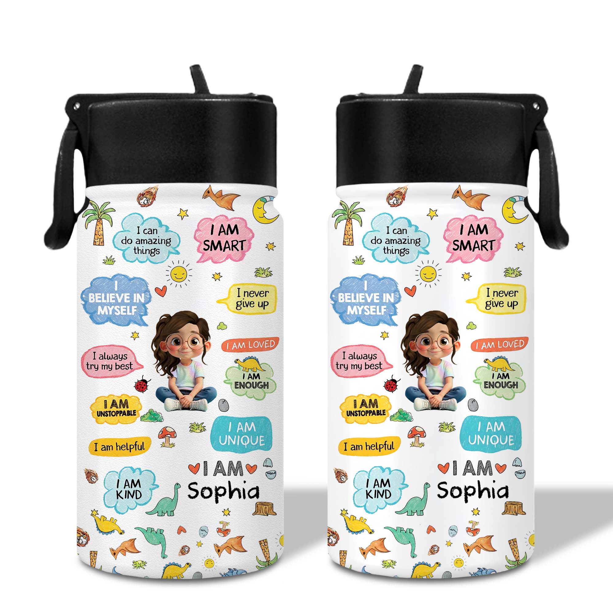 Personalized Kids Water Bottle with Straw Custom Name Dinosaur Design Kid Water Bottle GradoCreations